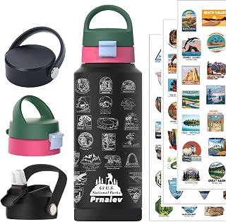 National Parks Water Bottle 32 oz 3 Lids 80 Stickers | 80 waterproof stickers, 3 interchangeable lids, 24h cold 12h hot, leakproof BPA free, stainless steel hiking set