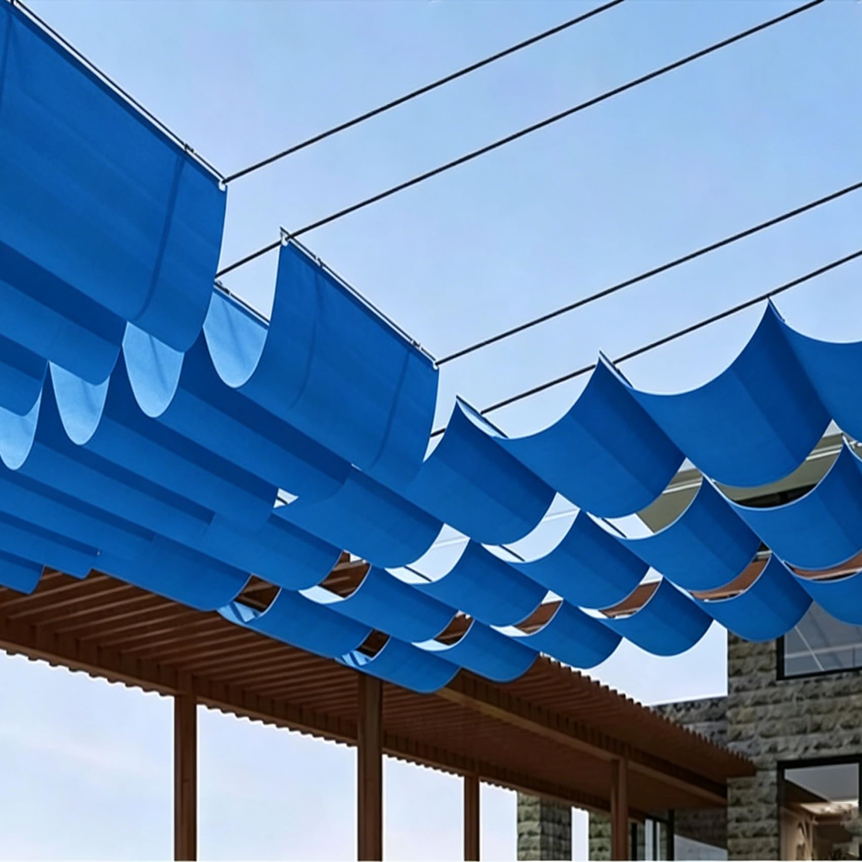 Voile rétractable Wave bleu foncé pour repas sur la terrasse