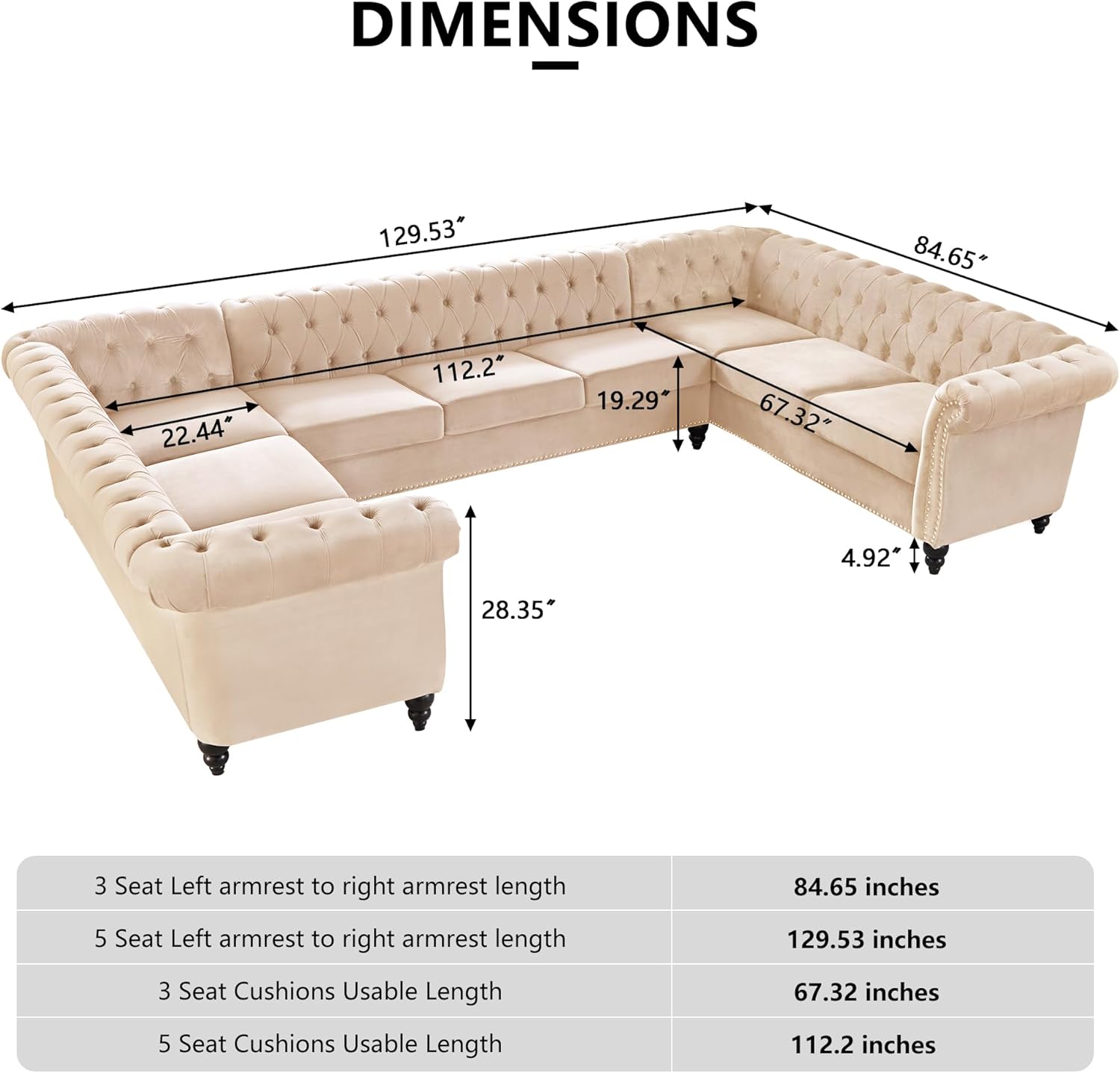 QHITTY U-Shaped Sofa, Sectional Chesterfield Velvet Couch 9-Seater Upholstered Large Accent Tufted Sofa with Rolled Armrest and Nailhead Design for Living Room, Apartment, Office (Beige)