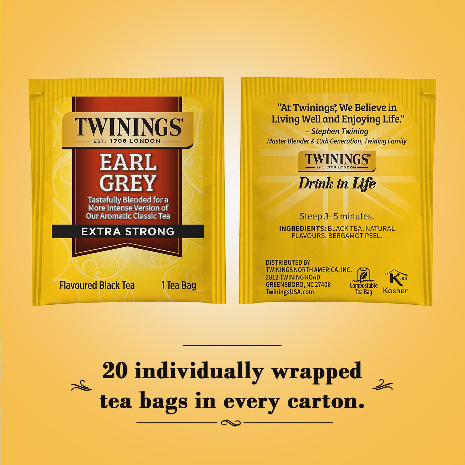 Twinings Earl Grey Tea Extra Strong 2-Pack – A Bright and Zesty Black Tea Infused with Citrus Bergamot Flavours, Caffeinated Tea Bags, Individually Wrapped, 20 Count Ea image 2