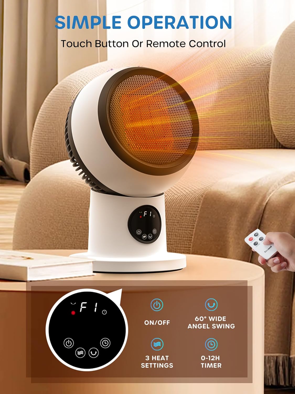 ECOWELL 15" Compact Modern Heater and Fan Combo, 1500W PTC Ceramic Space Heaters for Indoor Use with Remote, 0-12H Timer, 60° Oscillation, Thermostat - for Office & Medium Rooms (2...