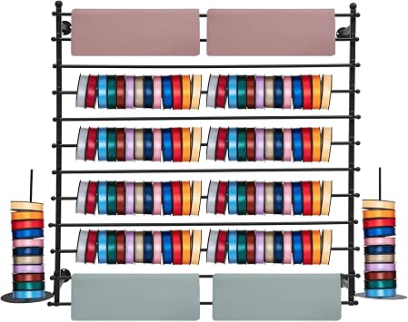 12-Layer Wall Mounted Ribbon Holder Organizer Rack, Wrapping Paper Storage Organizer, Ribbon Display Rack for Flower Shop, Craft Room, Belt/Tie/Scarf Rack, HxW 47.2X47.2in, Assemble Require