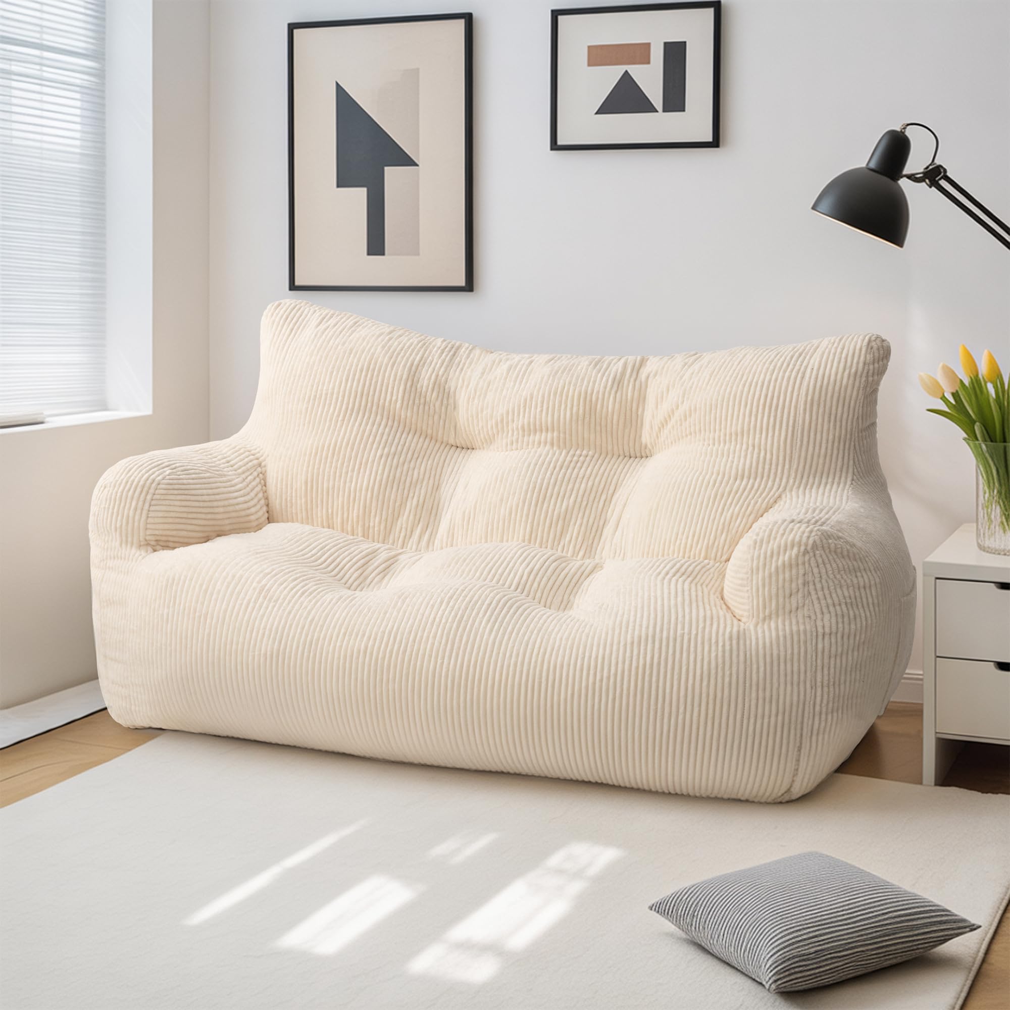Pamapic Sitzsack, Sitzsack Erwachsene mit Füllung, Doppeltes Lounge Sessel mit Tragbarem Griff, Modernes Ergonomisches BeanBag, Indoor Sitzsäcke Stuhl für Wohnzimmer, Schlafzimmer, Spielzimmer, Beige