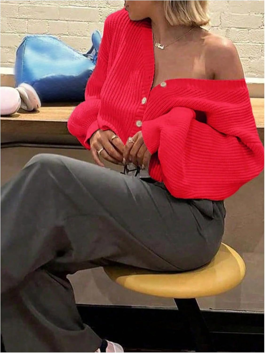 SOLY HUX Women's Button Down Cardigan Sweater Drop Shoulder Long Sleeve Casual Outerwear Plain Red Large - Image 4