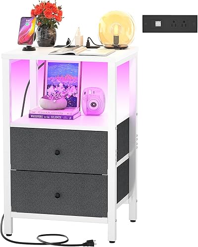 Cyclysio Mesita de noche con estación de carga y luces LED, mesita de noche con 2 cajones, mesa auxiliar de 25.6 pulgadas con almacenamiento, mesita