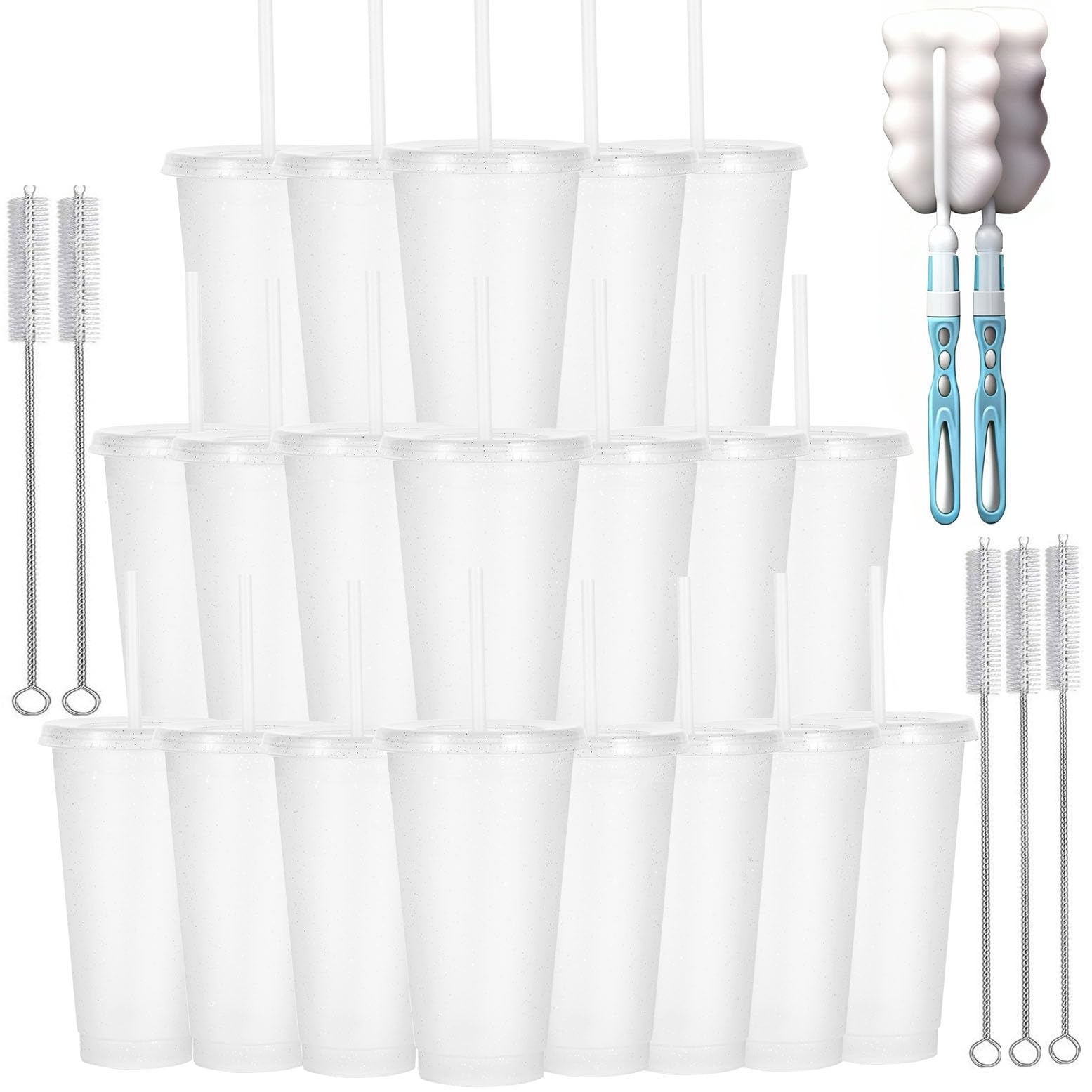 Yisituo 710ml Reusable Plastic Cups, 10 Pack Cold Cups with Lid and Straw, Tumblers Travel Mugs for Adults and Kids Party and Beach, Pool Gatherings (20, Glitter Clear)
