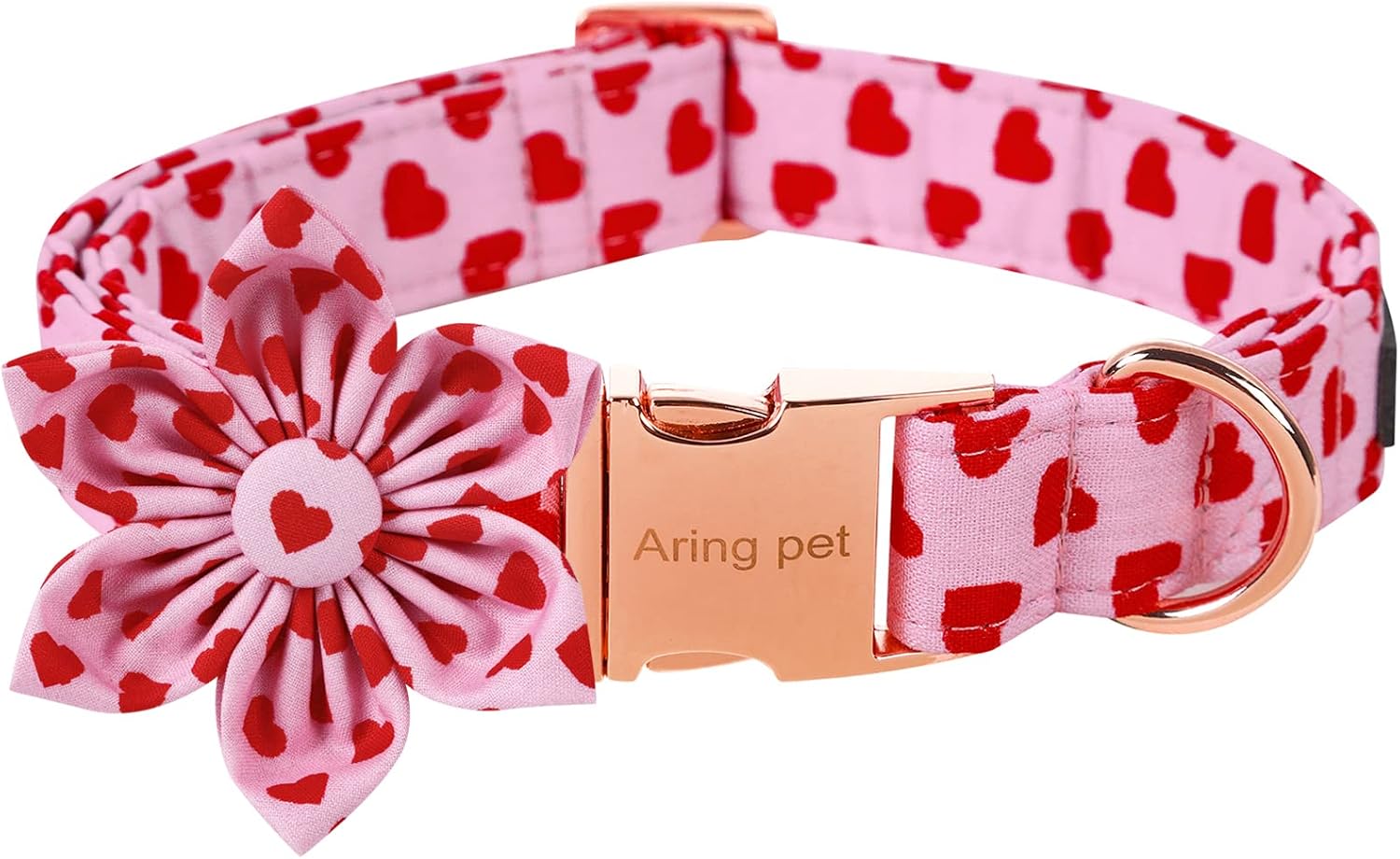 ARING PET Valentine’s Day Dog Collar-Adorable Pink Heart Dog Collar with Flower, Adjustable Cotton Girl Dog Collars with Metal Buckle