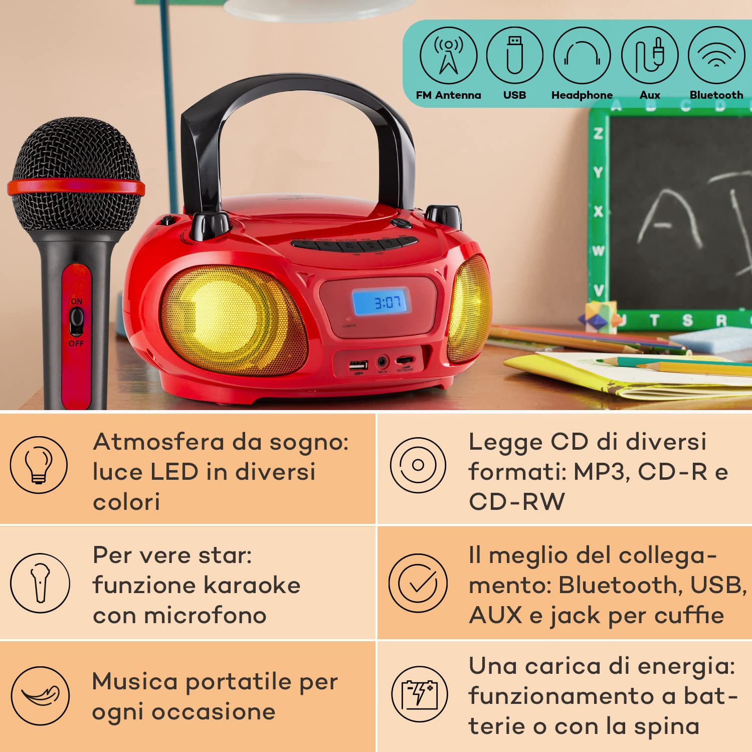 Auna Portatile Bluetooth con Lettore CD, Boombox 3W, Radio FM Stereo, AUX, Display a LED, USB, Bluetooth 5.0, MP3, Ricaricabile Vintage