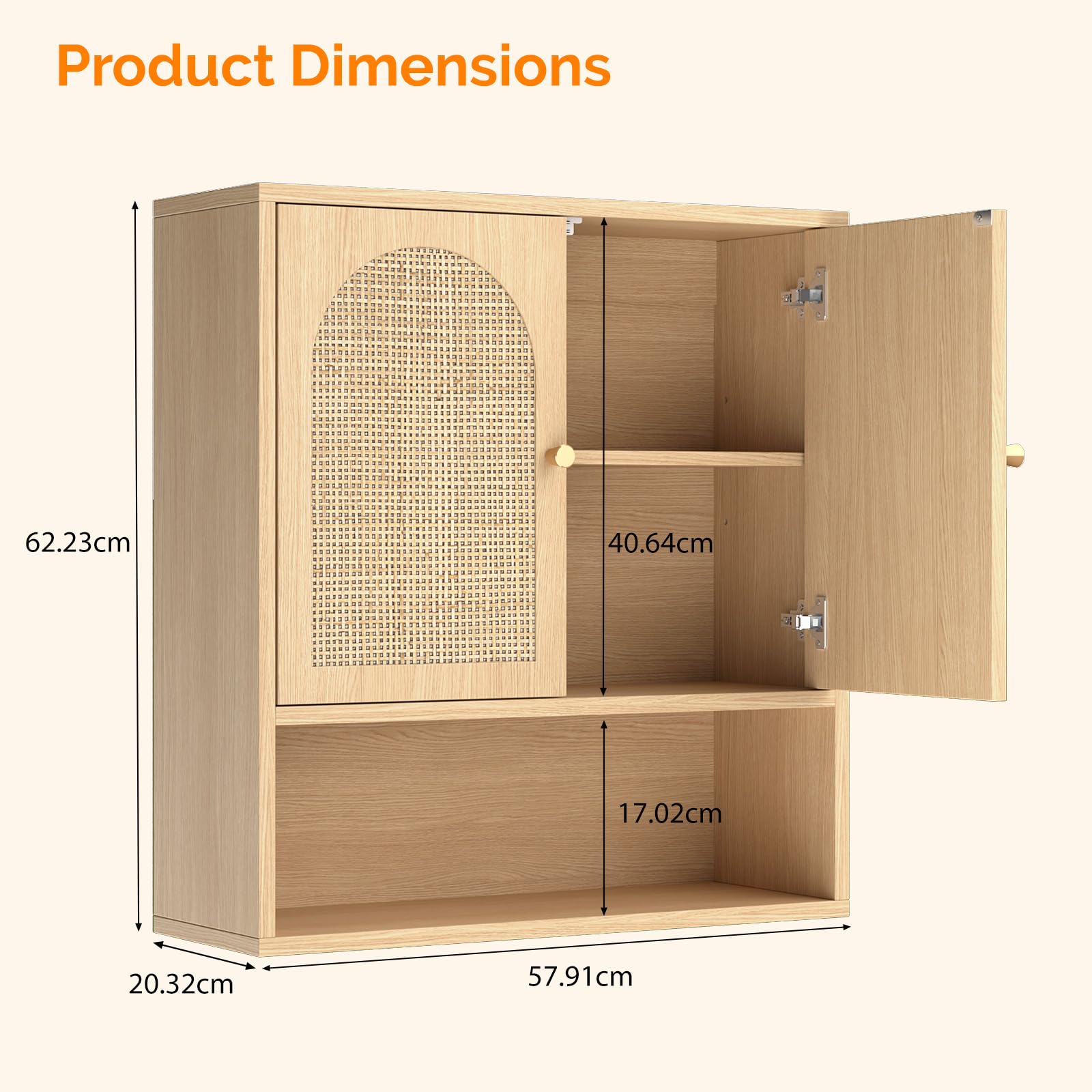 Bonnlo Badezimmerschrank Hängend, Hängeschrank Bad, Badezimmer Hängeschrank, Badschrank Hängend, Wandschrank mit 2 Türen & 3-stufig Verstellbarer Ablage & offenes Ablagefach, 58x20x62cm, Ratten