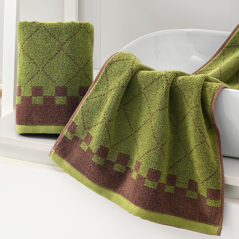 Green Hand Towel Set of 2 Super Soft 100% Cotton Towels Quick Dry Ultra Absorbent Brown Colorblock Modern Square Design Decorative Hand Towel for Bathroom 13 x 29 Inch - Image 2