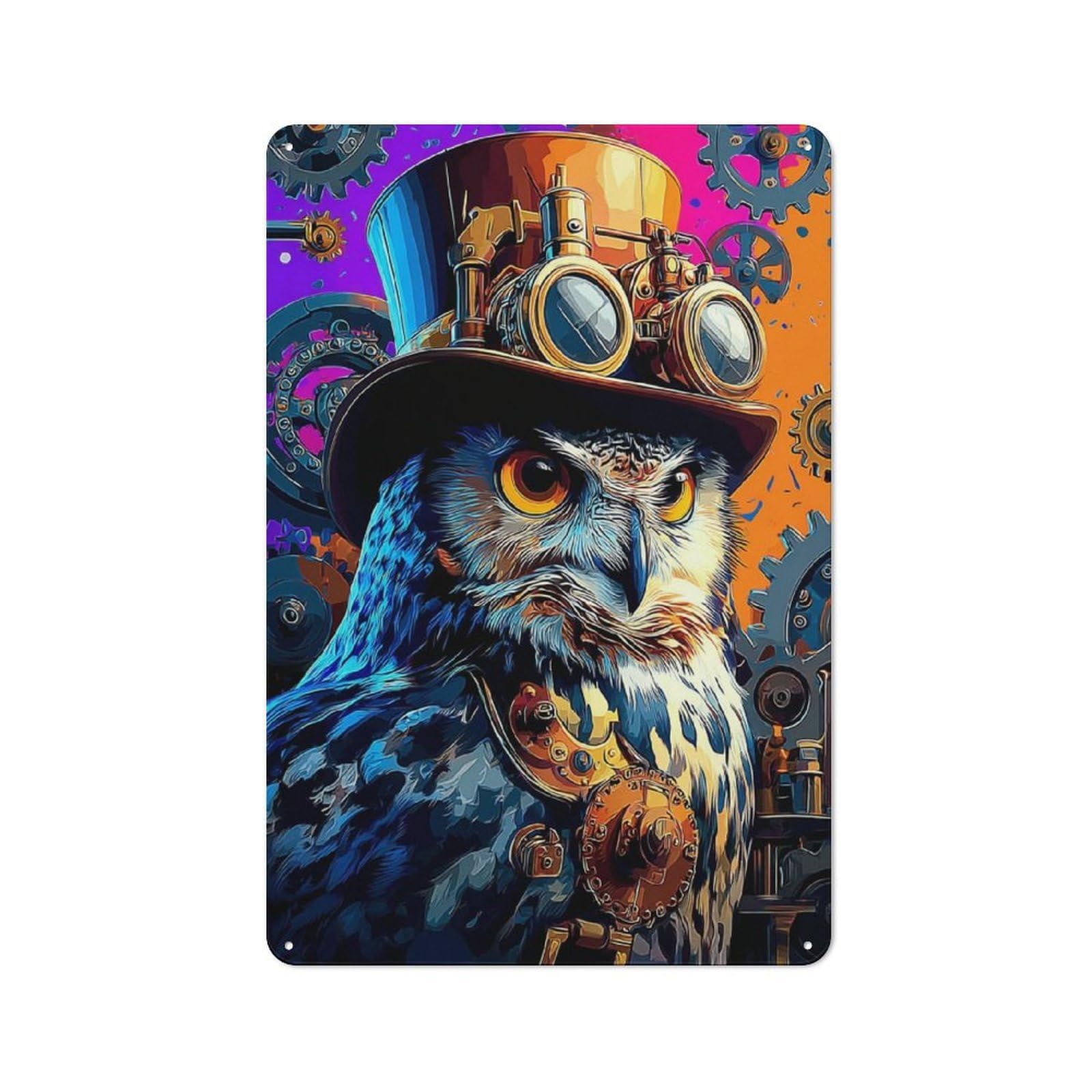 Junmoney Steampunk Owl Art Print Rustic Metal Wall Sign 30X20cm For Kitchen Or Home Bar, For Garage, Workshop And Man Cave Decoration