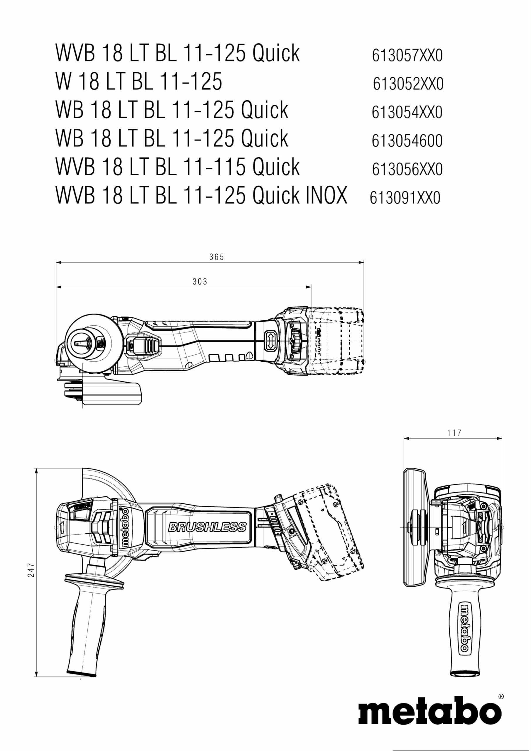 WB 18 LT BL 11-125 Quick (613054840) Amoladora angular de batería | Motor sin escobillas, 1100W de potencia, sistema Quick, cambio de disco sin llaves, sin batería ni cargador