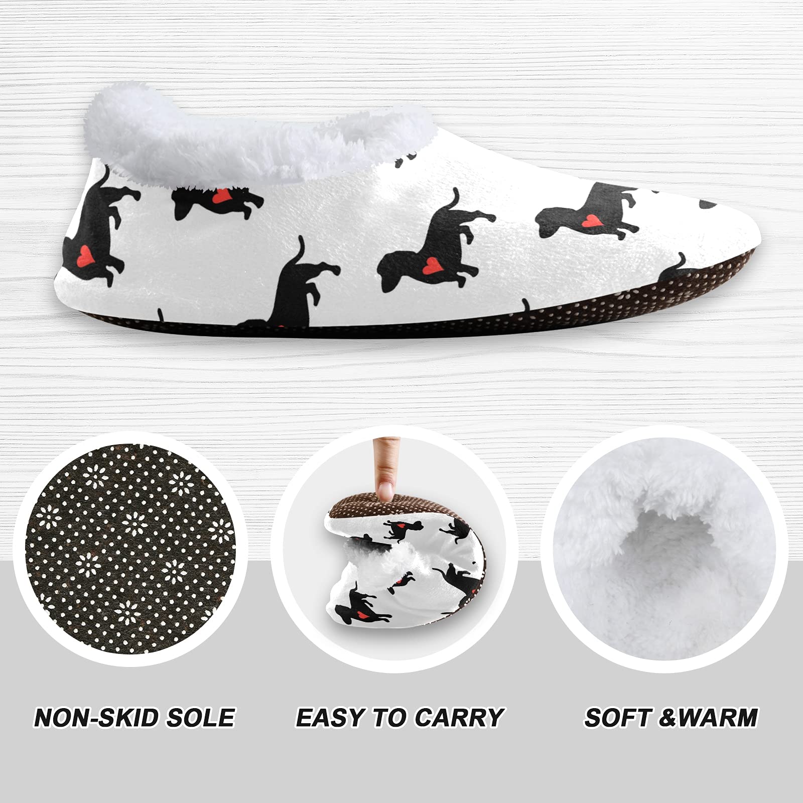 Naanle Heart Dachshund Dogs Women's Closed Back Memory Foam Comfy Indoor Outdoor Bedroom Shoes Fuzzy Fleece Warm Home Slippers with Anti-Slip Rubber Sole