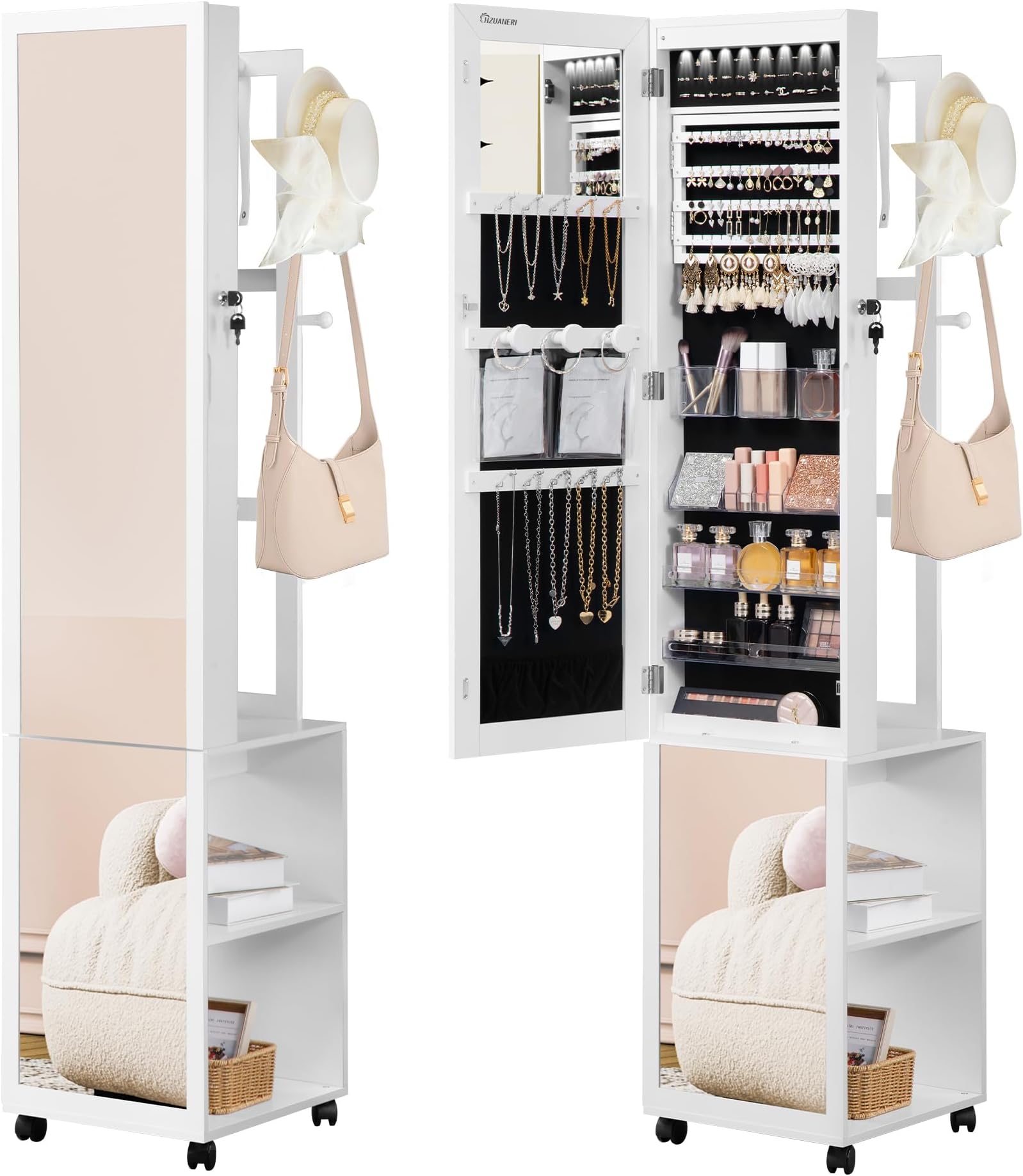 Lvifur Armoire à Bijoux, Pivotante à 360° Degrés, Armoire à Bijoux sur Pieds, Verouillable, étagères de Rangement à l'arrière, avec Miroir Intérieur, Peu encombrant, Blanc | Votre wishlist sur