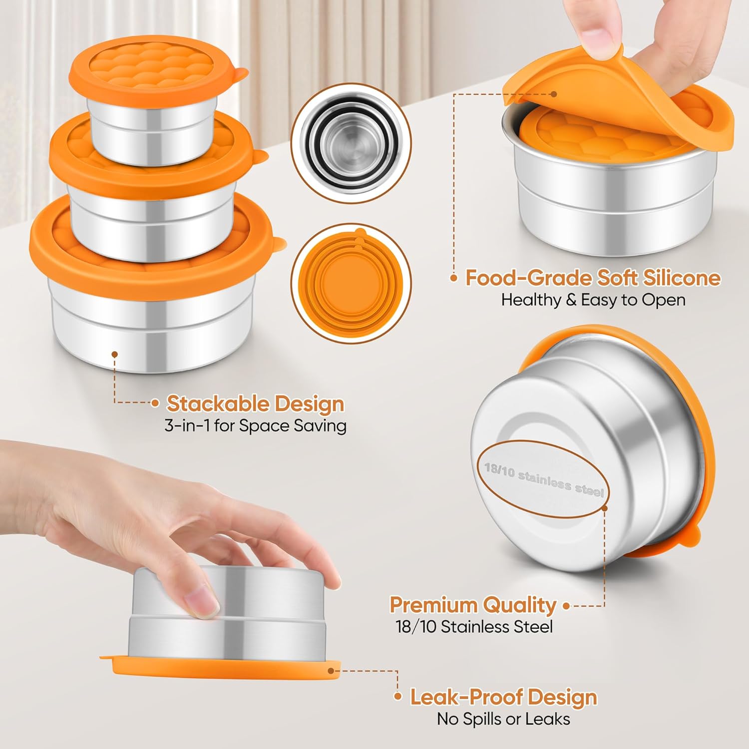 TeamFar Stainless Steel Snack Containers for Kids, (3oz, 6oz, 12.85oz) Leak-proof Round Food Container with Silicone Lid, Metal Lunch Box for Toddlers Adults Daycare School, Set of 3 (Orange) - Image 3