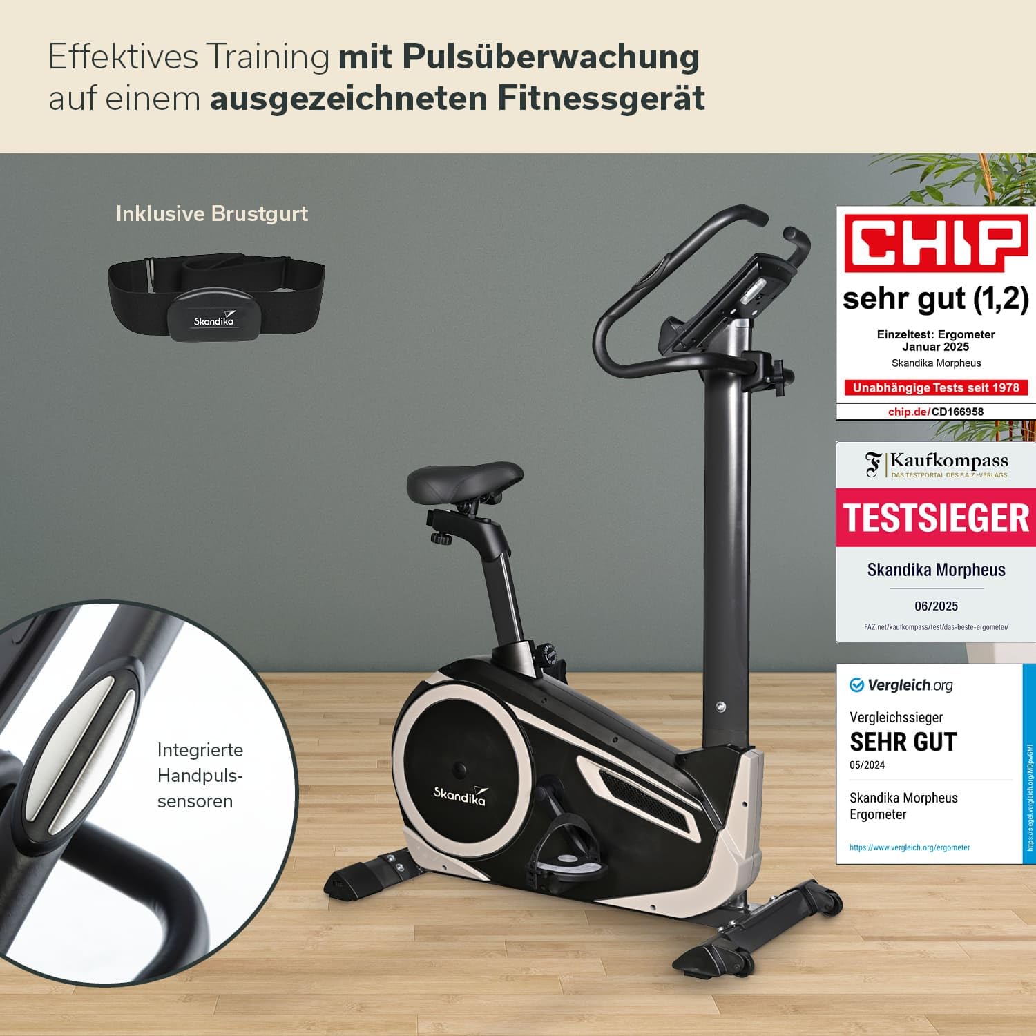 Skandika Ergometer Morpheus | Heimtrainer für Zuhause, 12 kg Schwungmassensystem, 32 Levels, 24 Programme, App Kompatibel mit Kinomap, Pulsgurt, Tablethalterung | Indoor Fahrrad bis 150 kg