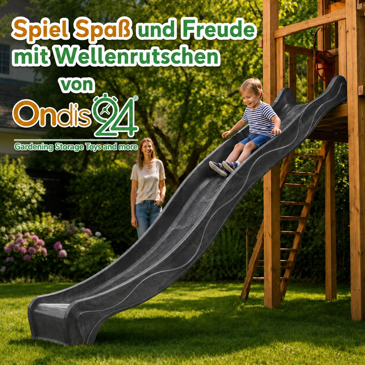 Ondis24 Wellenrutsche 3m Kinderrutsche Anbaurutsche Wasserrutsche für Spielturm ab 3 Jahren Anthrazit