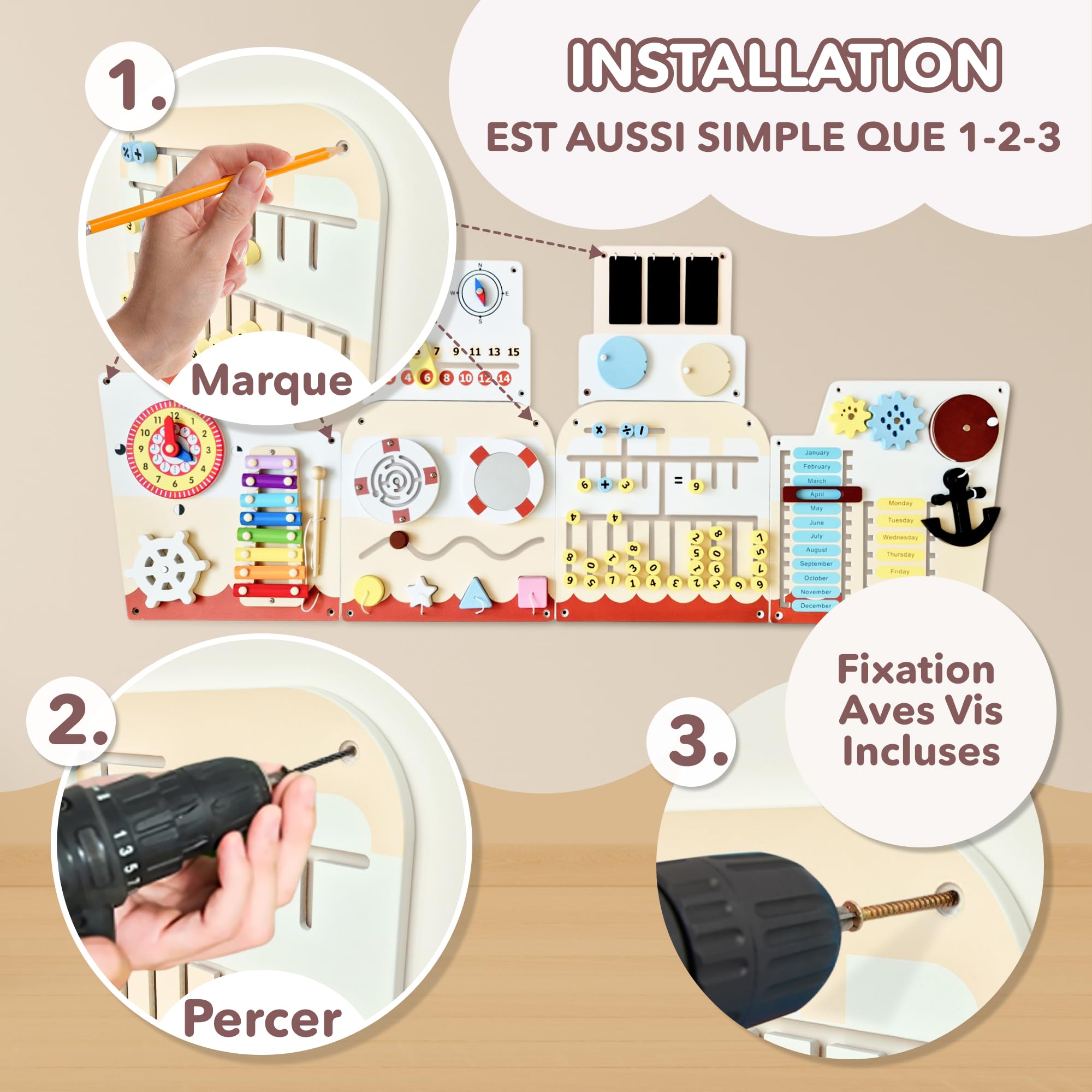Panneau Mural sensoriel pour Enfants – Tableau d'activités Montessori 16-en-1 en Bois | Jouet de motricité pour Tout-Petits & Maternelle | Jeu éducatif pour développement précoce & créativité