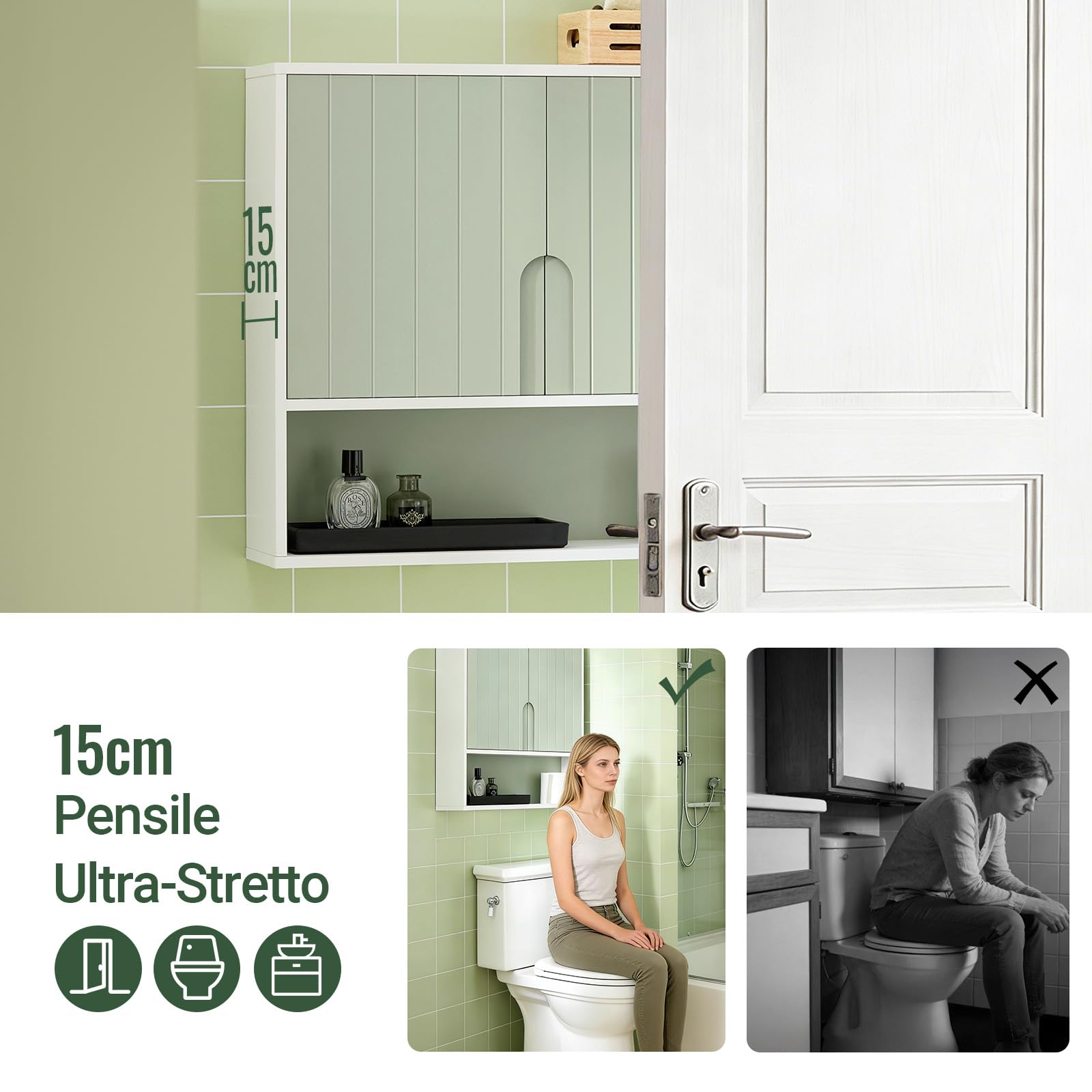 SoBuy Pensile Bagno Sospeso Salvaspazio da Parete, Mobile Bagno Sottile 15 cm con Ante e Ripiano, Armadietto Contenitore Moderno per Arredo Bagno BZR140-GR