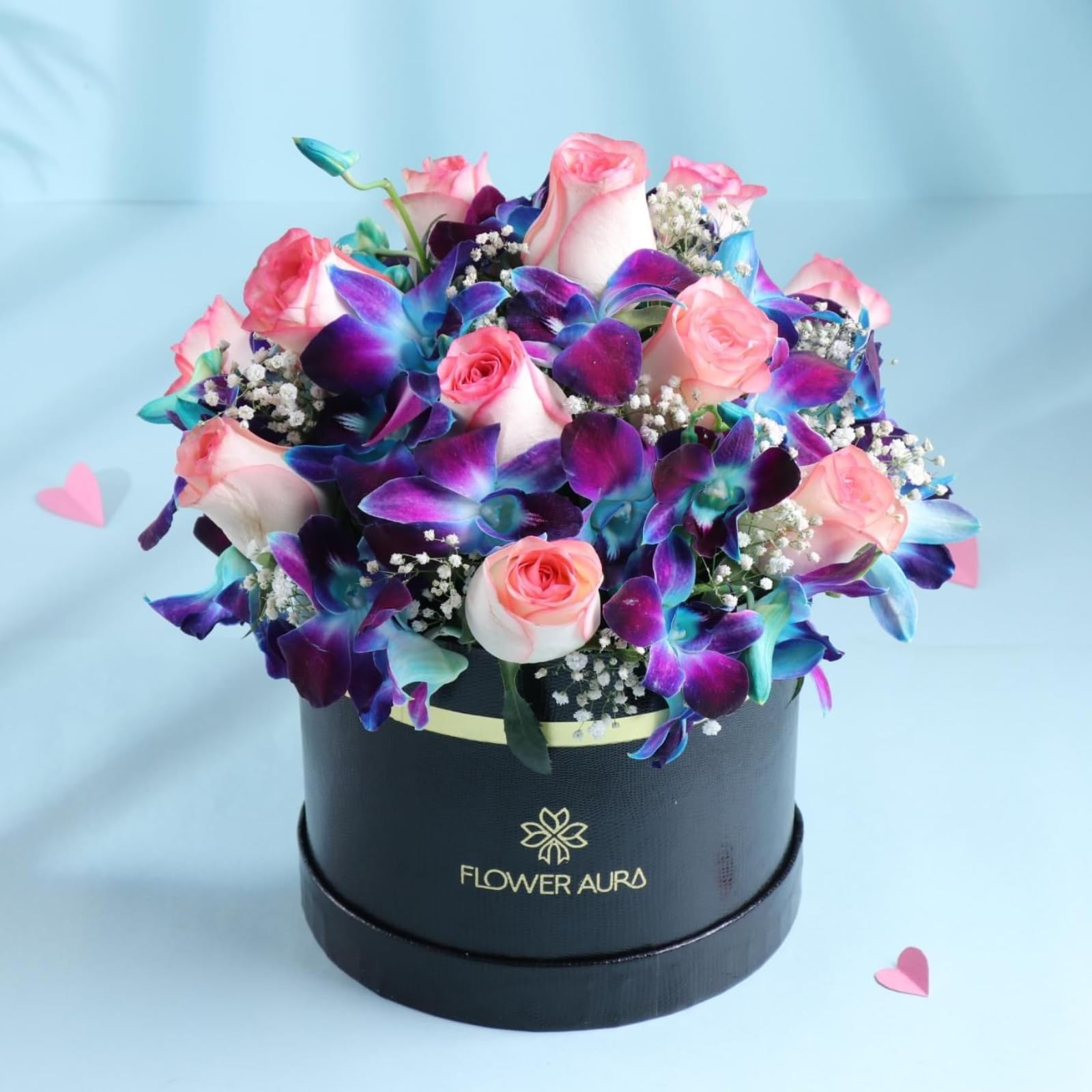 FlowerAura Fresh Live Flower Bouquet of 12 Pink Rose & 6 Blue Flower In Box For Birthday & Anniversary Gift, Wedding Gift, Mother's Day Gift, Love & Romance Gift, Father's Day Gift (Same Day Delivery)-image-49