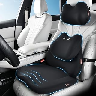 Coverado Car Seat Cushion and Lumbar Support Pillow with Headrest, Memory Foam Cooling Silk Ergonomic Cushion for Driving Back Neck Pain Relief Universal Fit Black51202-headrest-cushion-lumbar-Black