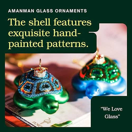 Miniatura 2 de Adornos de Navidad de tortuga marina soplada a mano, juego de 2 tesoros oceánicos con detalles dorados, decoración costera de vidrio soplado a boca,
