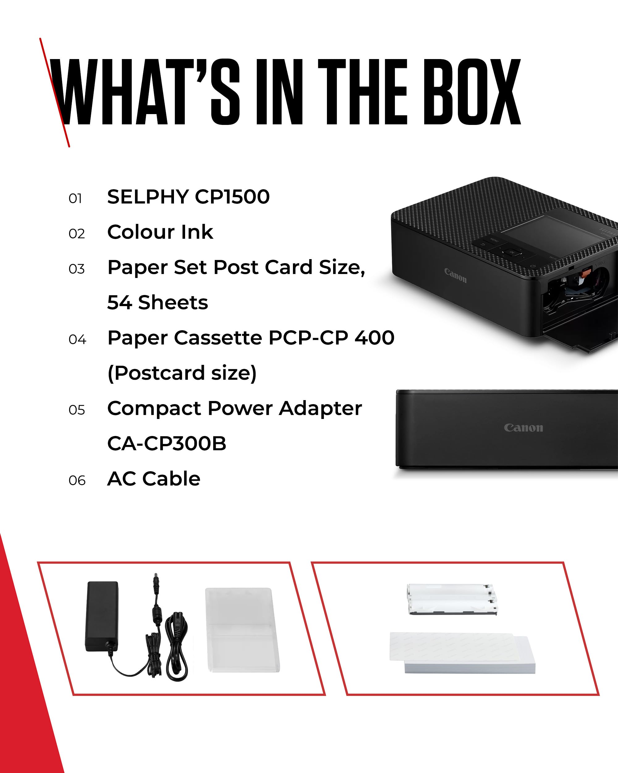 Canon SELPHY CP1500 Portable Photo Printer Paper Kit, Black - Wireless Bluetooth Printer with Accessories - Compact and Lightweight - Comes With 54 Sheets Of 4x6 Postcard Size Paper — view 9