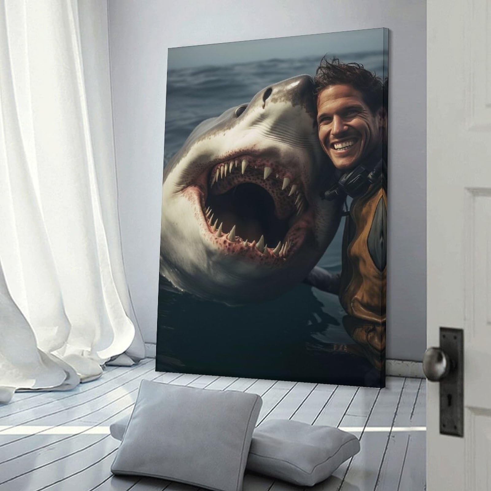 Junmoney Happy Shark Canvas Art Print, 24x36inch(60x90cm), for Home Walls, Creative Rooms Or Shared Spaces, Decorative Artwork with Broad Appeal