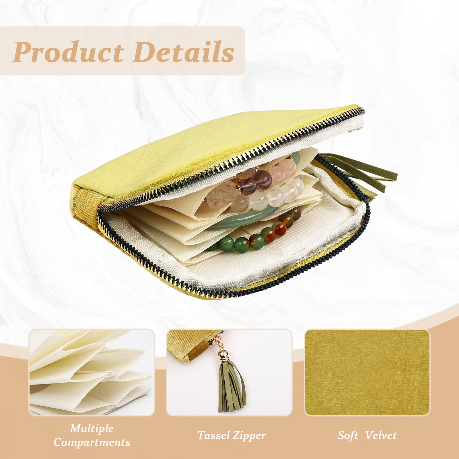 Petite Pochette de Transport Bijoux en Velours, Organisateur de Bijoux Portable 5 Compartiments – Boîte à Bijoux Trousse de Voyage pour Bagues, Boucles d’Oreilles et Colliers (Jaune Citron)