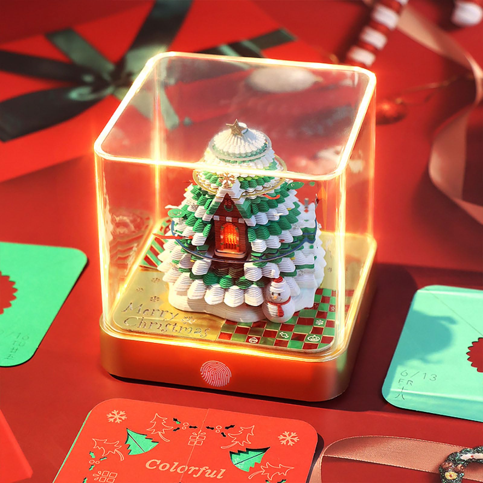 Tischkalender 2025 mit LED Licht, dekorativer und praktischer Notizblock, handgefertigte Papierskulptur, Notizblöcke, Zubehör, Weihnachtsbaum Tischkalender