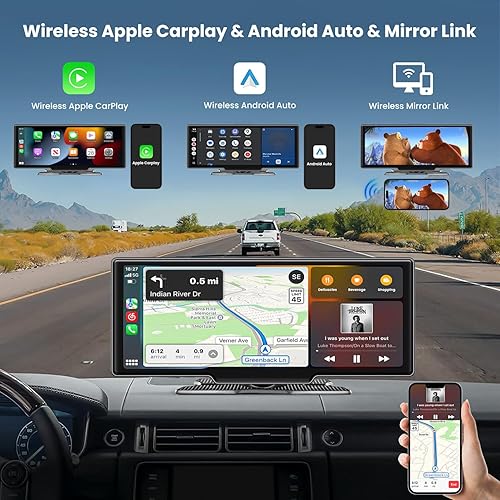 Miniatura 2 de SANPTENT Estéreo portátil inalámbrico para automóvil Apple CarPlay, radio de pantalla táctil FHD de 10.26 pulgadas, Android Auto, grabación de bucle