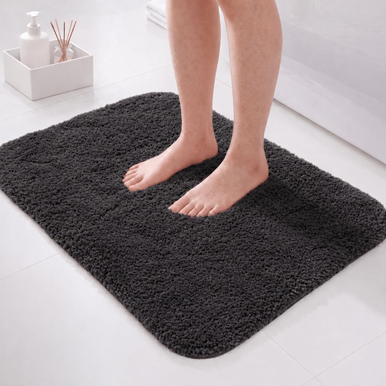 PUFFMAT Microfibre Bath Mat 60 x 40 cm Dark Grey, Absorbent Bathroom Rug with Soft Plush Pile and TPR Backing, Machine Washable Compact Bathroom Mat for Shower, Bathtub, Toilet and Guest Bathroom โ image 1