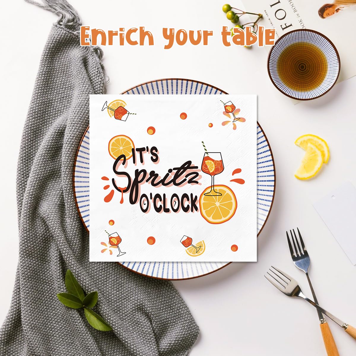 Serviettes Papier Aperol - Lot de 30 (33x33 cm) - Décoration de Table pour Anniversaire, Carnaval et Fêtes à Thème - Motifs de Fruits et Couleurs Orange/Jaune Vives - Épaisses, Lisses (60