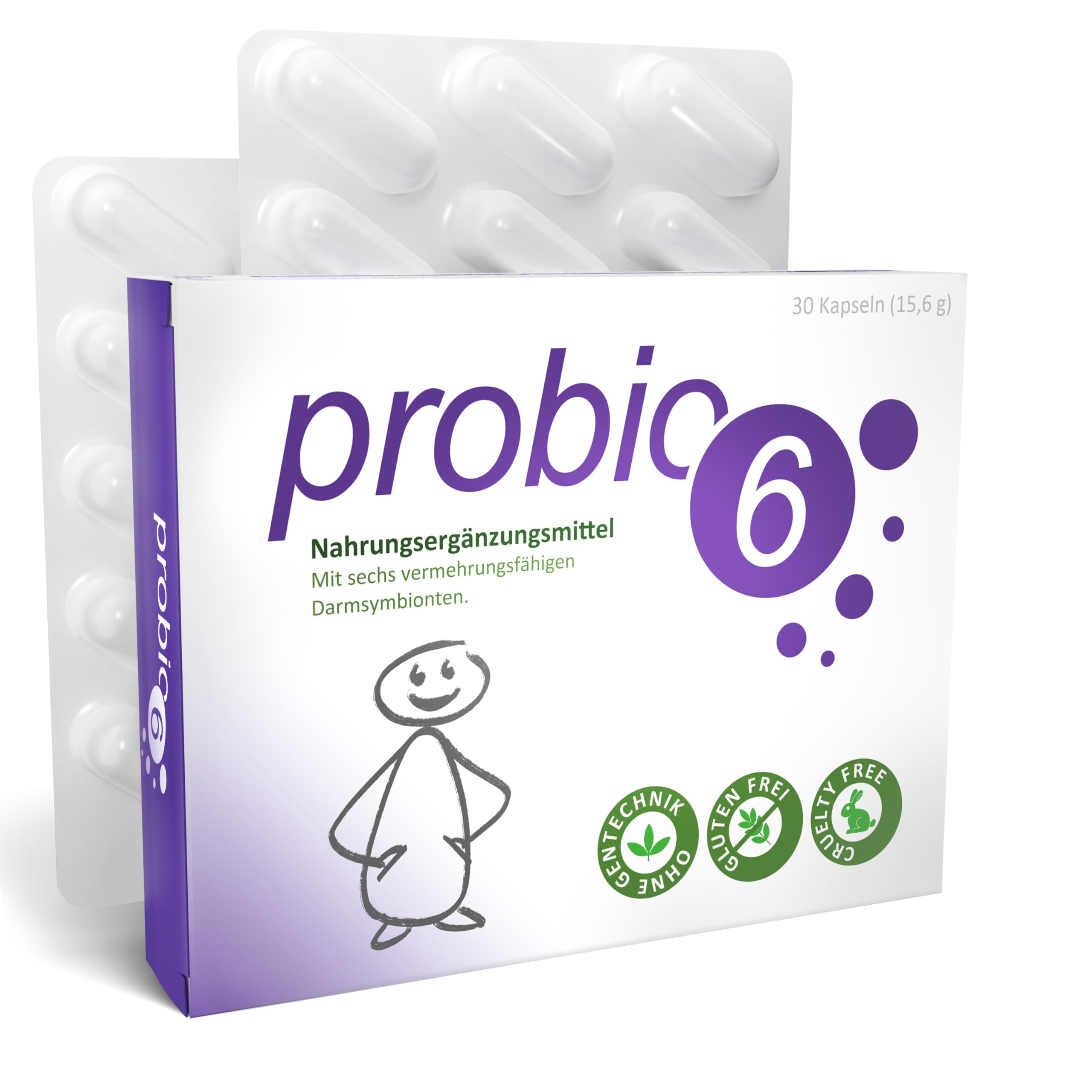 probio6 Kapseln | 6 ausgewählte Premium Bakterienkulturen | 30 Kapseln Monatsversorgung | Darmbakterien | Ohne Inulin