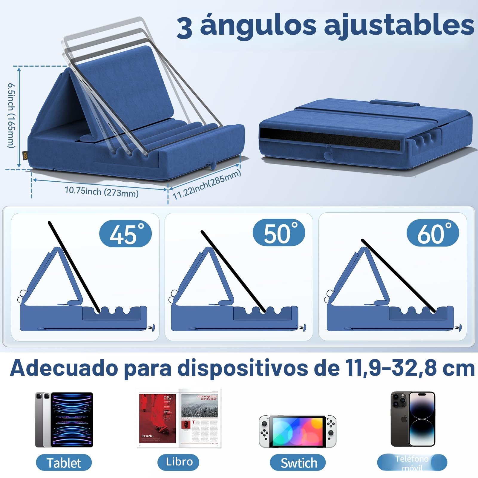 KDD Soporte de Almohada para Tablet,Soporte iPad Plegable para Cama,Regazo,Cojín para Tablet con Bolsillo y Soporte para Lápiz, para iPad Pro 12.9 10.5 9.7 Air Mini 6 5 4 3 E-Reader, Azul