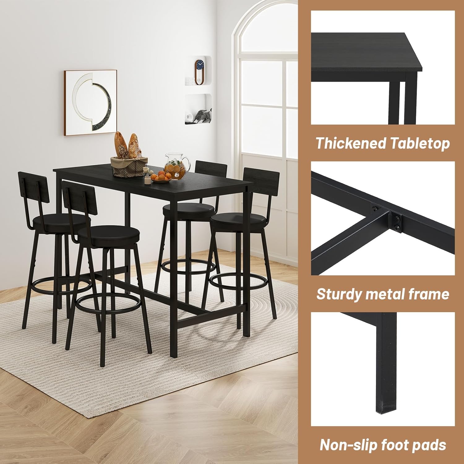 Zevemomo Dining Table Set for 4, 5-Piece Bar Table Set, Kitchen Table and Chairs, Counter Height High Top Table with 4 PU Upholstered Stools, Space-Saving Pub Tables Set for Small Space, Black