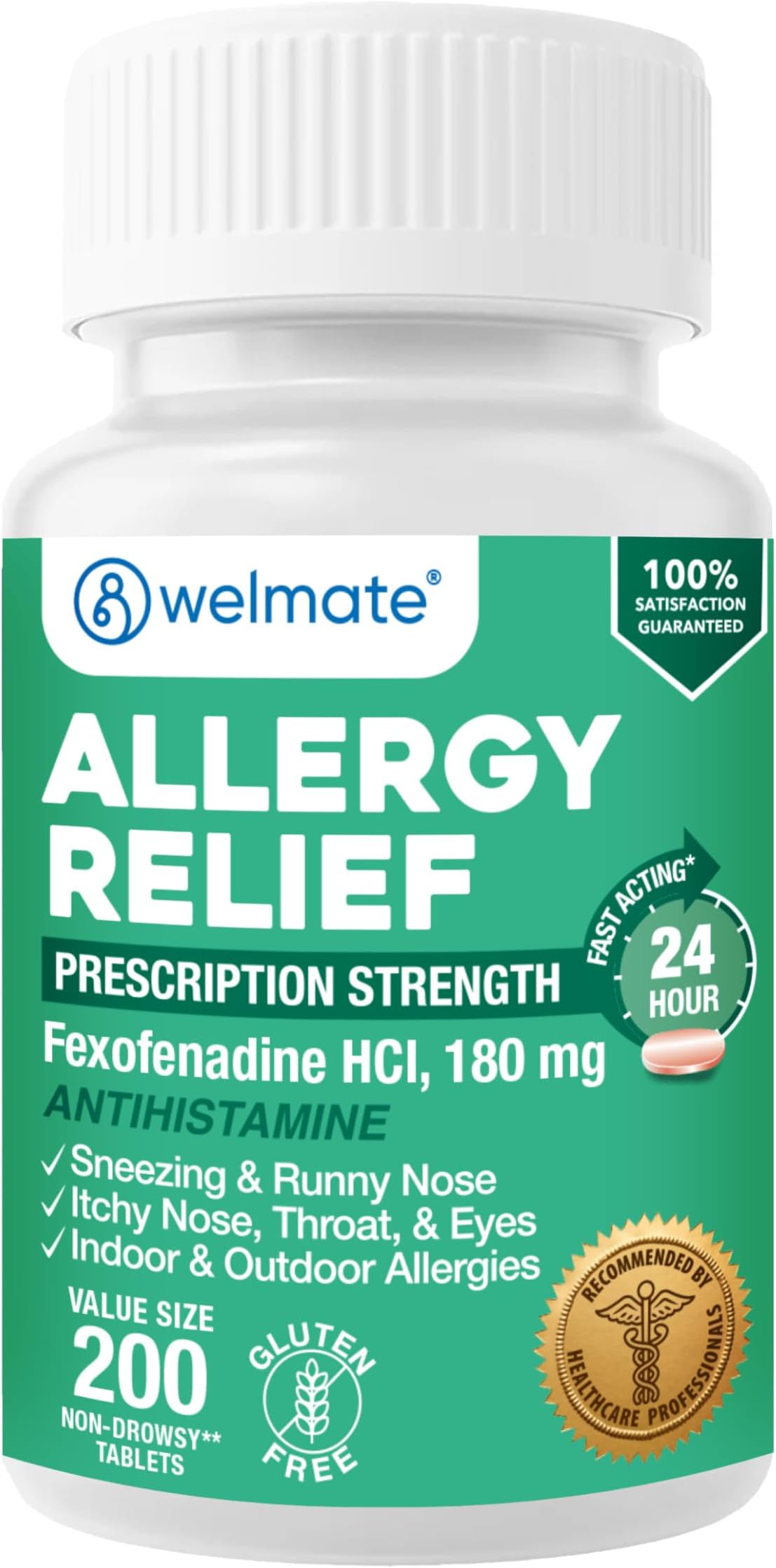 WELMATE | Allergy Relief | Fexofenadine HCl 180 mg | 24 Hour Non-Drowsy Antihistamine | Sneezing | Runny Nose | Itchy Eyes, Nose & Throat | Indoor & Outdoor Allergy Relief Tablets | 200 Count