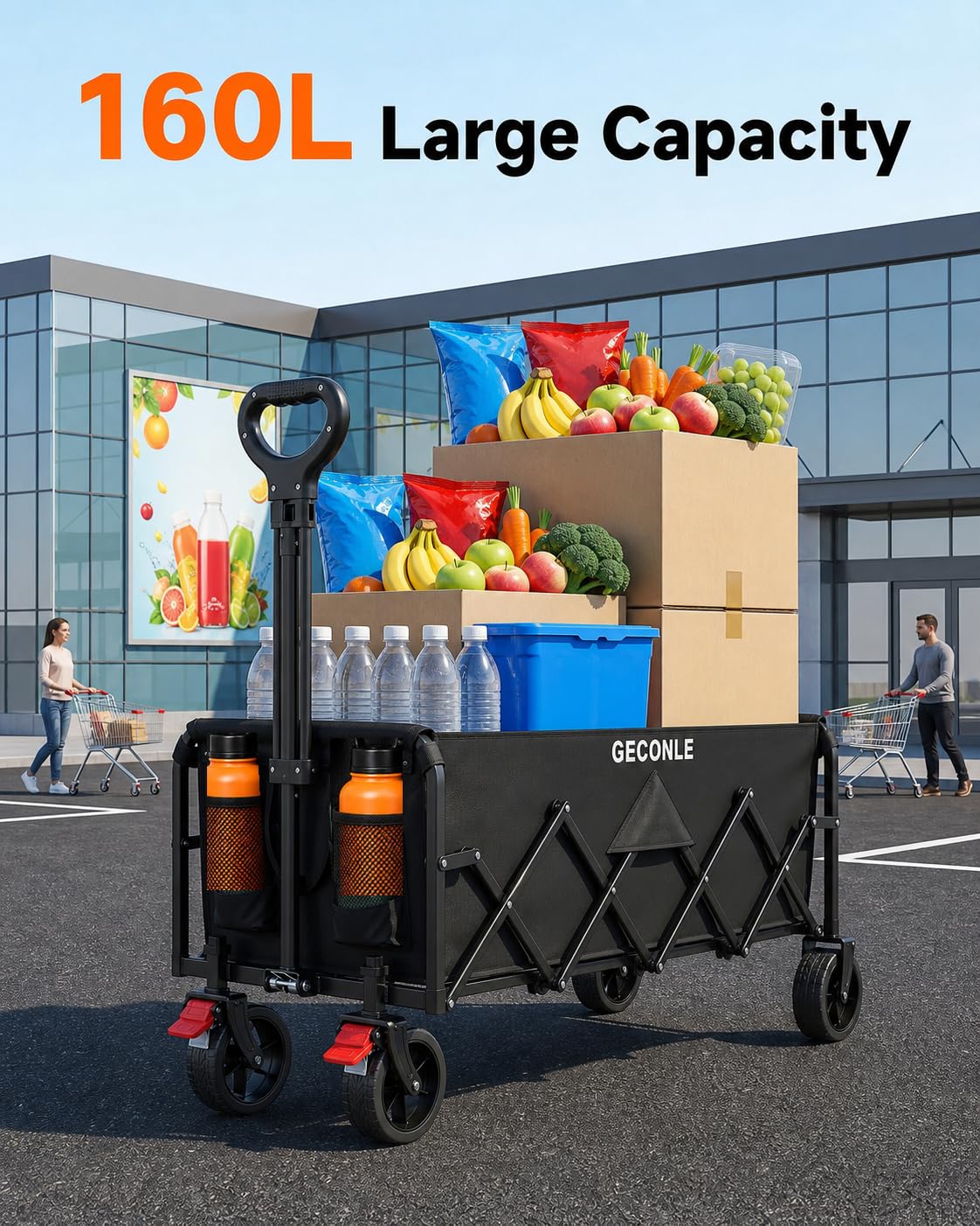 160L Bollerwagen faltbar 100KG Handwagen mit Getränkehalter Transportwagen Gartenwagen Strandwagen für Alle Gelände Draussen Einkaufen für Garten Camping Festival