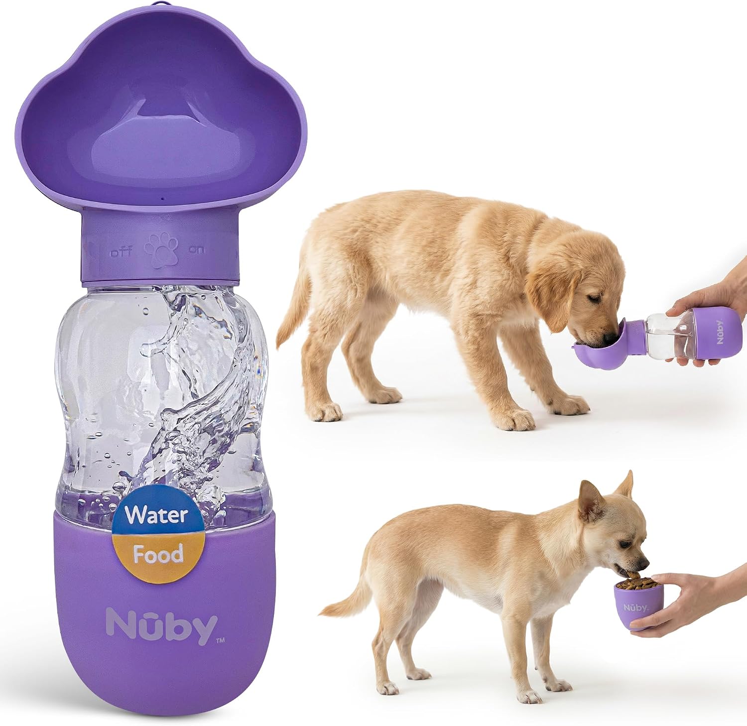 Nuby Dog Water Bottle, Portable Pet Travel Bottle, Water and Food Container for Dogs, Leak-Proof, Easy Carry Strap, Puppy Essentials, 10oz Water & 6.76oz Food Capacity, Lavender