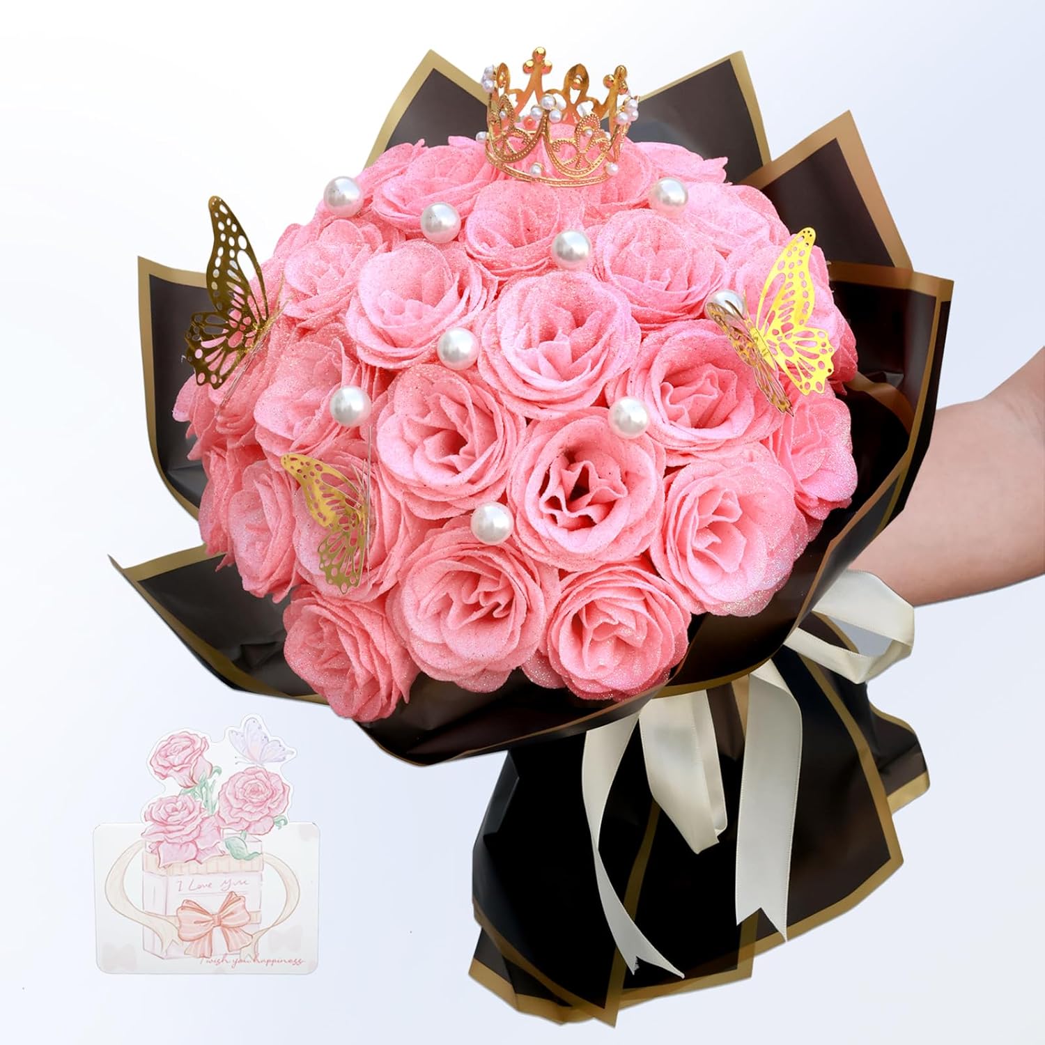 Glitter Roses Bouquet, Shiny Artificial Roses Flowers with Stems DIY Fake Glitter Flowers Bouquet for Valentines Mothers Day Graduation Birthday Anniversary, 24 Roses (Pink)