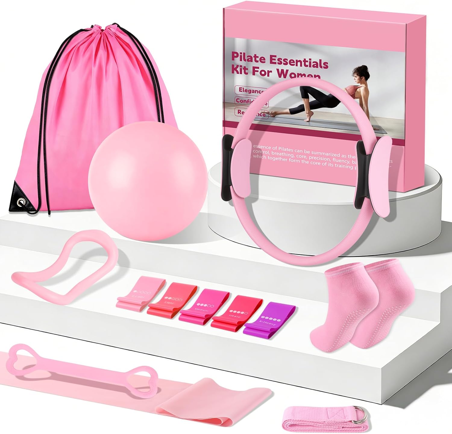 13/15Pcs Pilates Kit for Women, Pilates Equipment for Home Workouts with Magic Circle, Ball, Resistance Bands, Pilates Starter Set for Strength, Toning and Flexibility