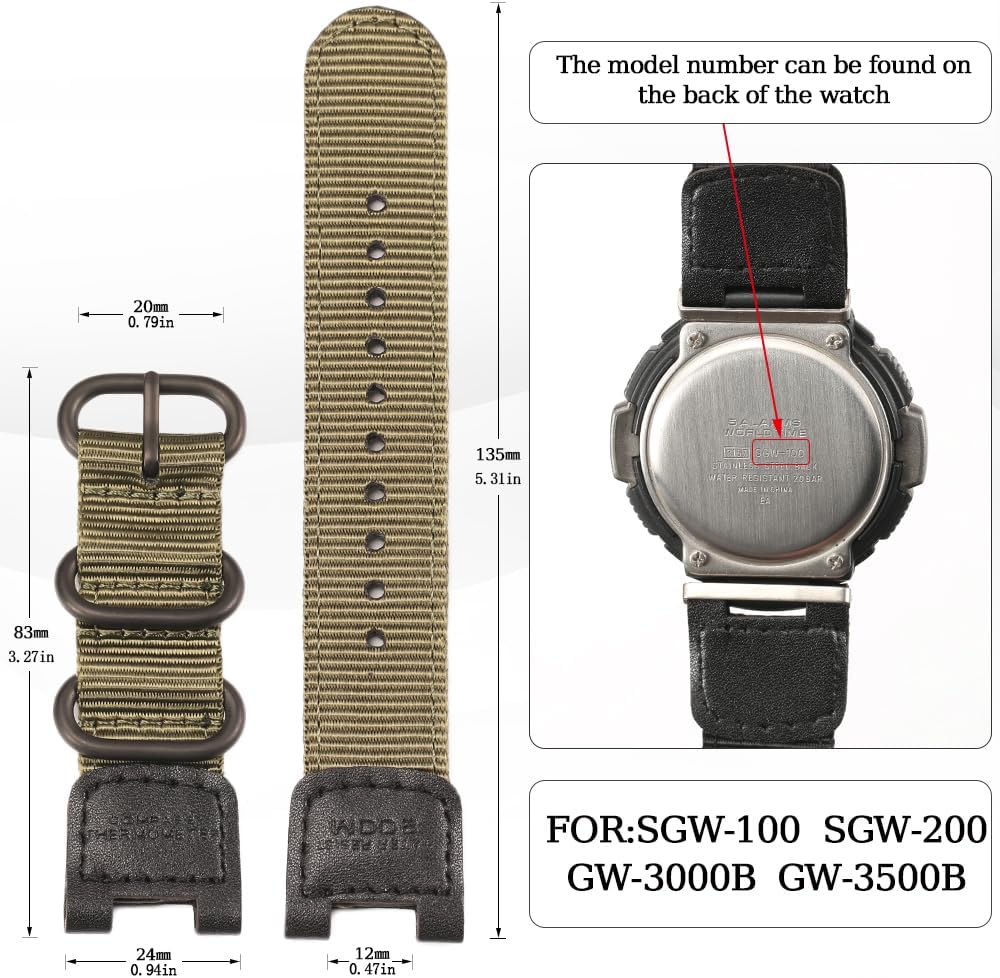 Heavy Duty Nylon Watch Band Compatible with Casio SGW-100 SGW100 GW3000B GW3500B, Cloth Leather Strap,Sweatproof & Tear-Resistant, Ideal for Hiking Camping Running Activities