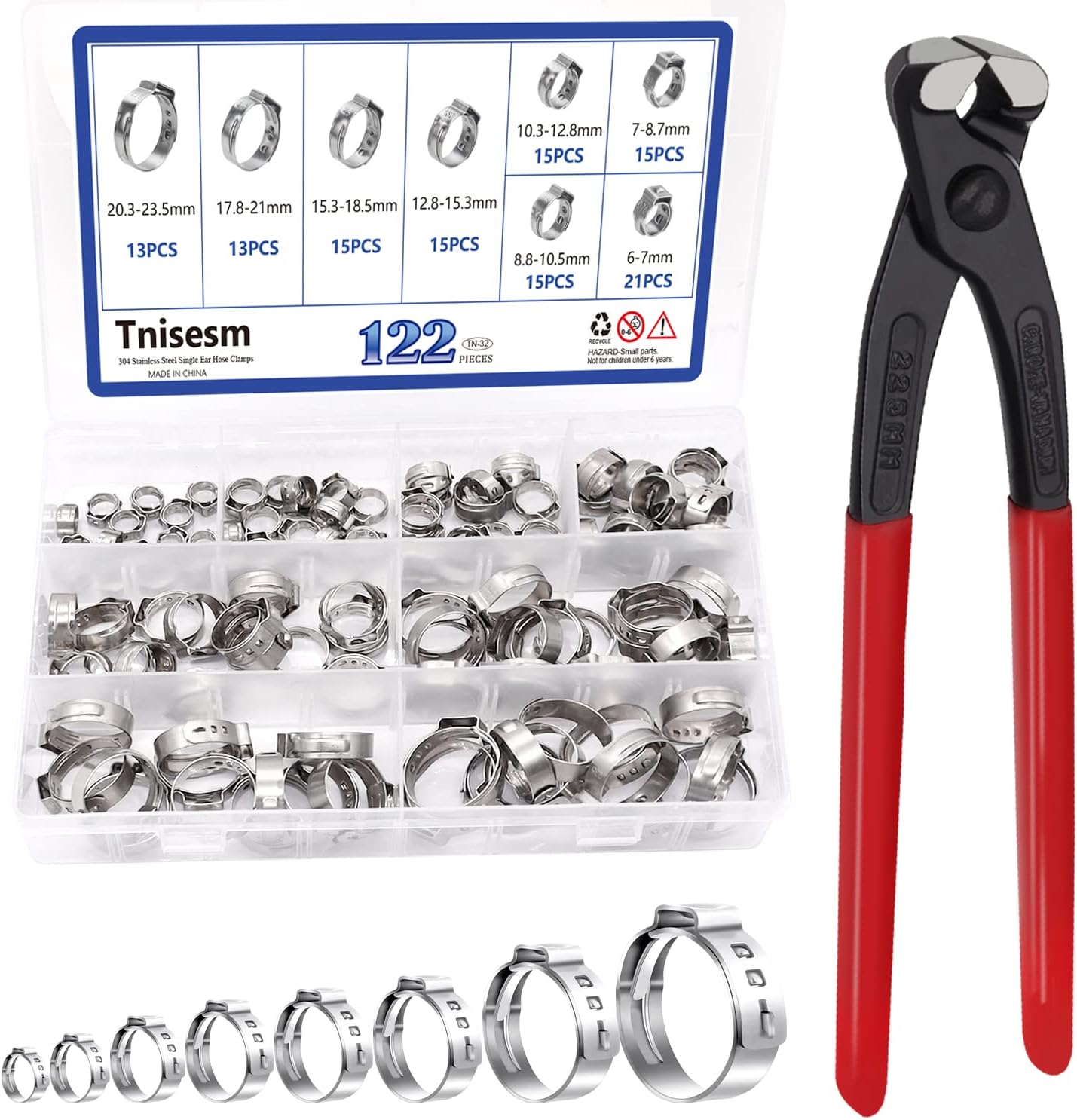 Tnisesm 9 inch Single Ear Clamp Pliers with 122 Pcs 304 Stainless Steel Stepless Single Ear 623