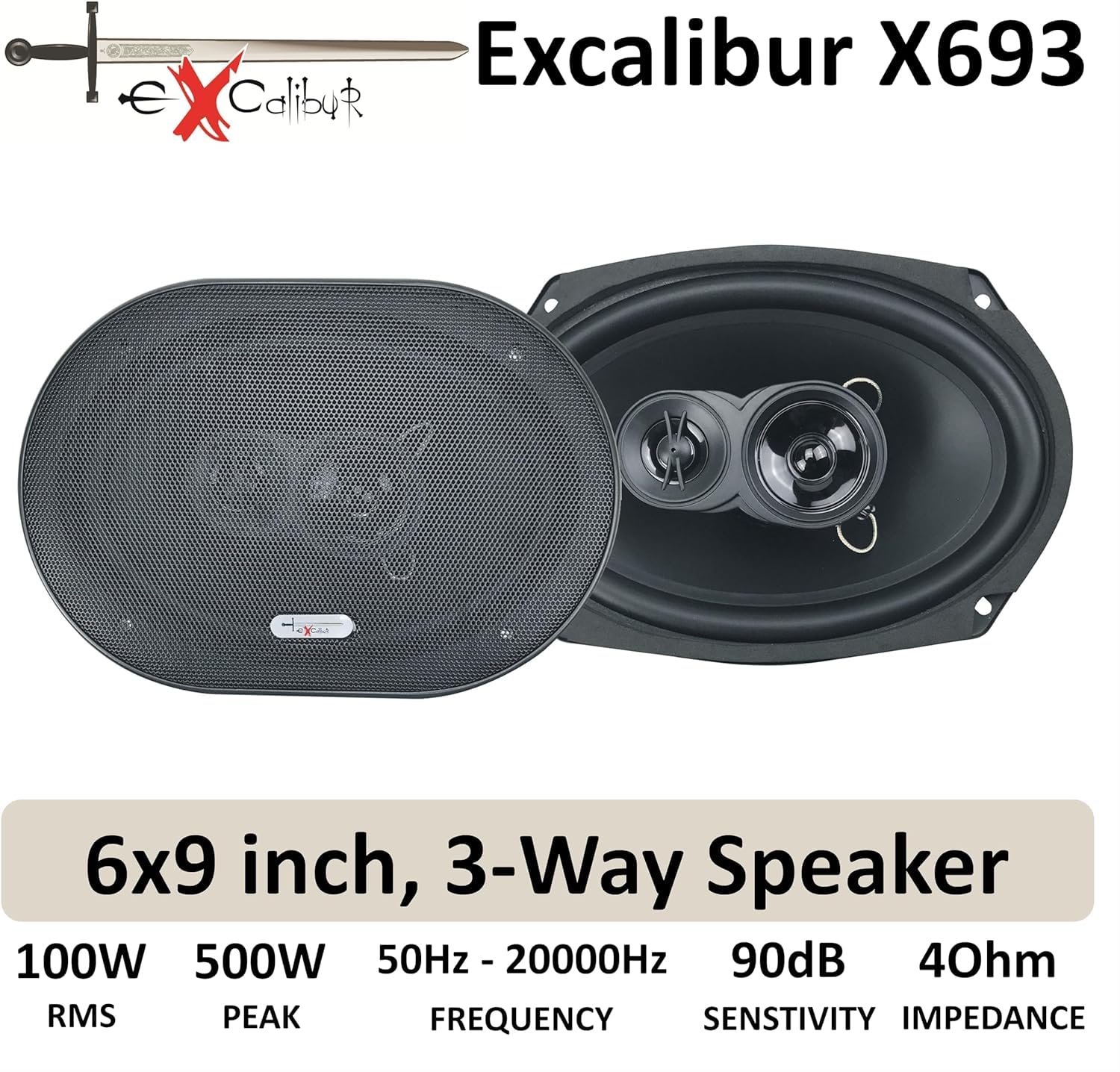 Excalibur X693 Altoparlanti Coassiali Auto 6x9 Pollici 3 Vie con 100W RMS e 500W Max, 4 Ohm, 90dB Sensibilità, Risposta 50Hz–20kHz, 75mm Profondità, Inclusi Griglie e Accessori di Montaggio