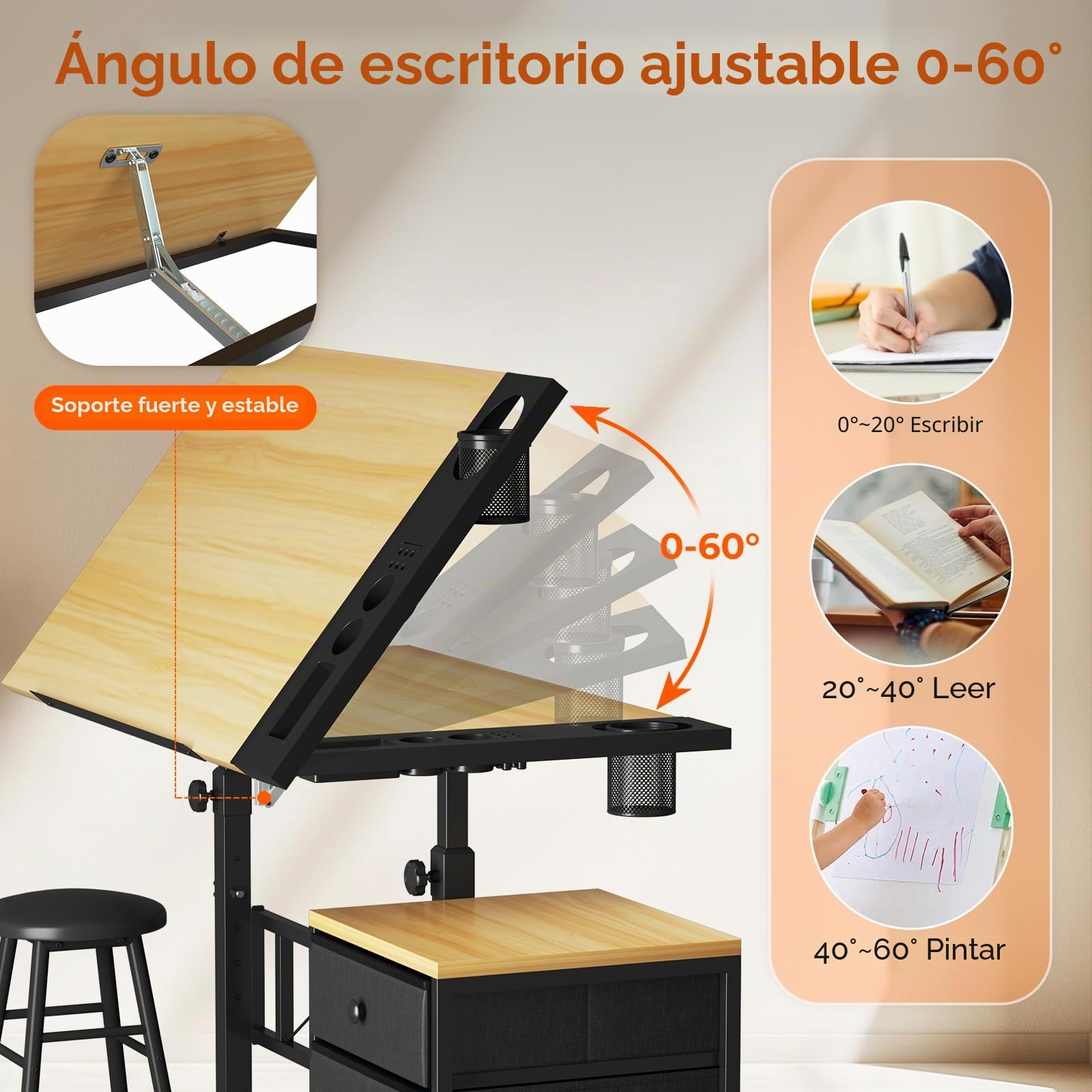 Dripex Mesa de Dibujo Profesional con Tablero Inclinable Altura Ajustable, Artista de Pintura Arquitecto Estudio Dibujo Escritorio para Computadora con Taburete y Taquillas, Color Madera
