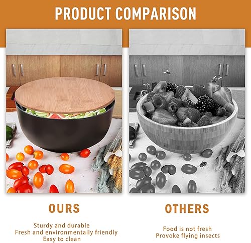 Miniatura 4 de Panghuhu88 Tazón de ensalada con tapa, juego de 3 (7 + 8.8 + 11 pulgadas) cuencos para servir con cubierta de bambú, tazón de fibra de bambú para