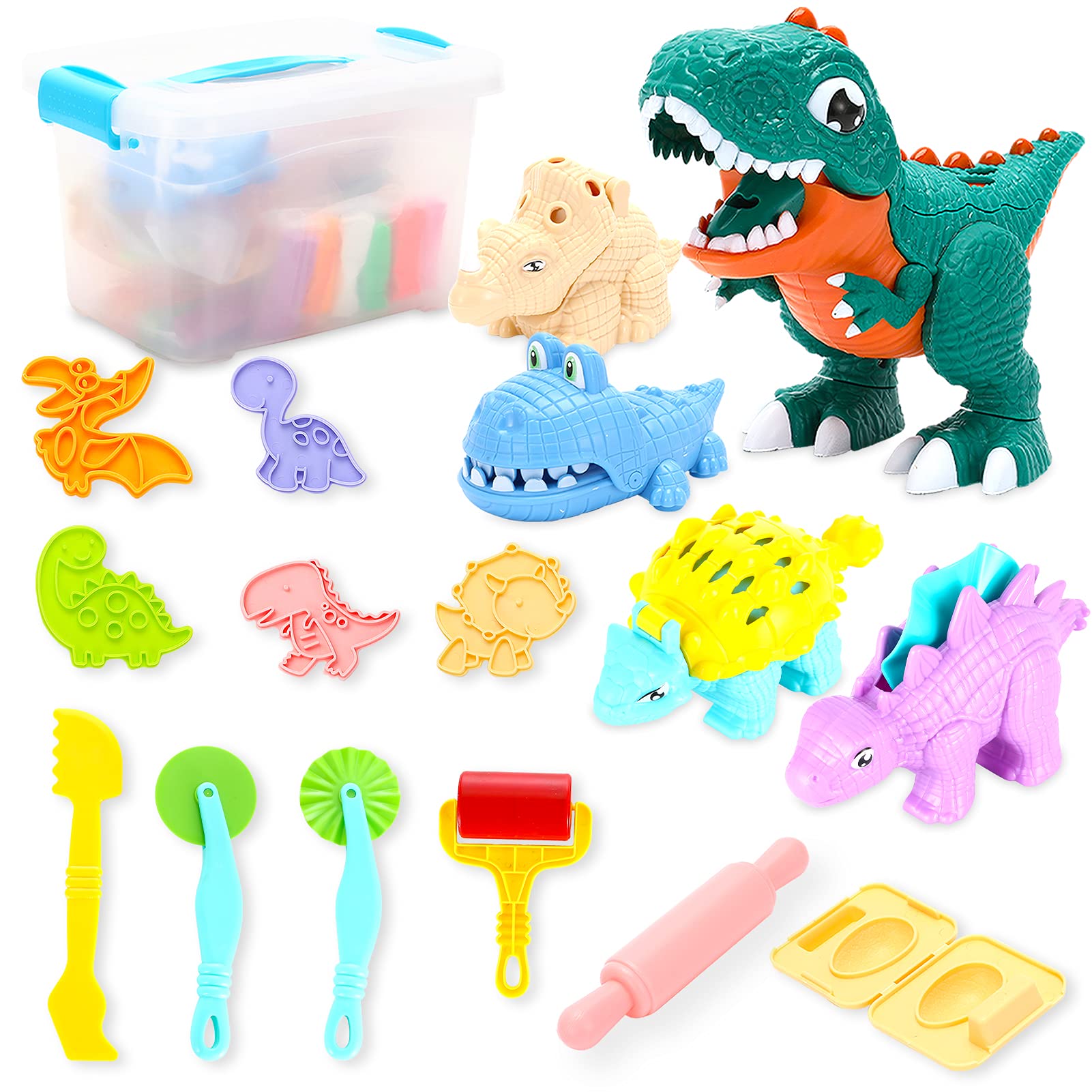 Dinosaur Playdough Sets for Toddlers, 41 Pack Play Dough Tools Accessories with Modeling Clay Rolling Pins Cutters, Dinosaur Toys for Kids Jurassic Games for Boys Girls Party Gift with a Storage Box