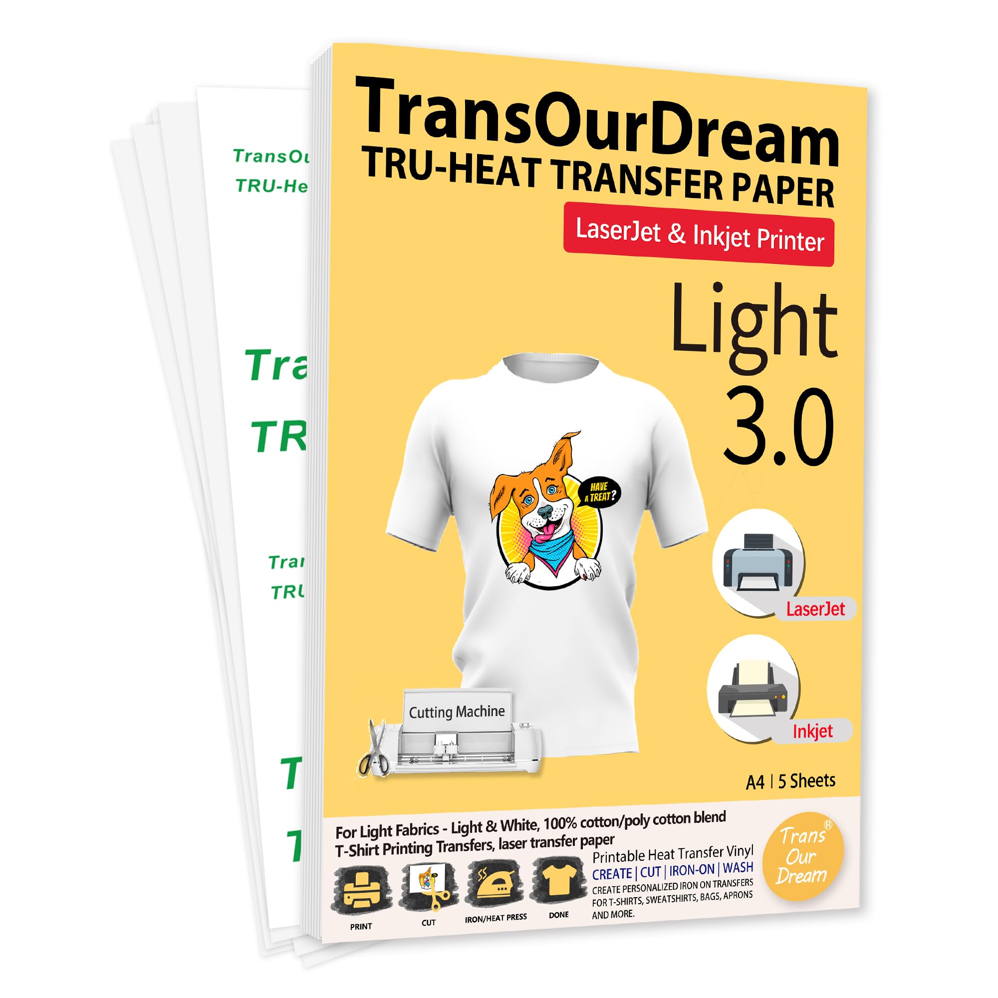 TransOurDream 5 Sheets A4 Iron-on Transfers Light Fabrics Inkjet/Laser