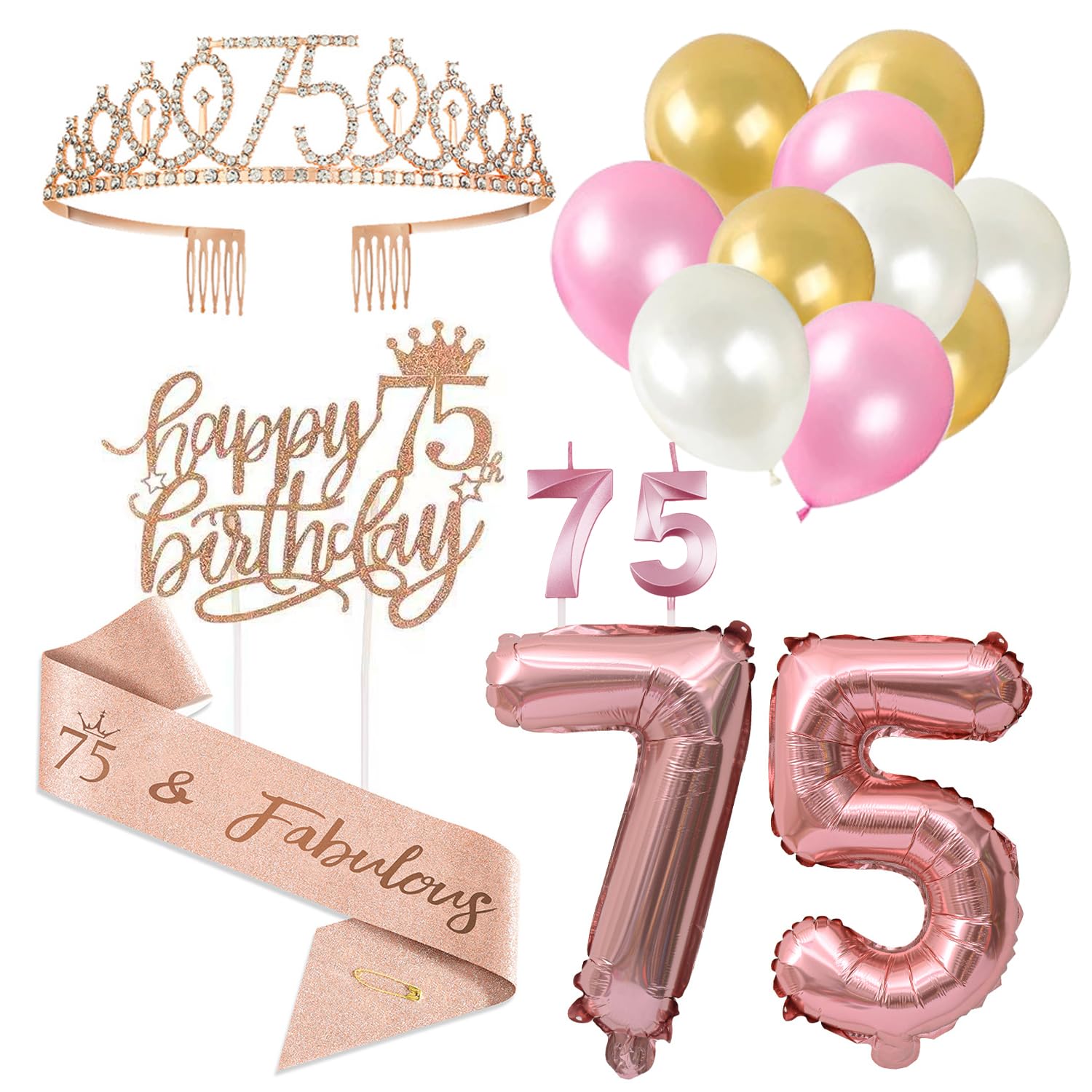 Hinfhi Rose Gold 1 Piece Of Rhinestone Crown Headband, 1 Piece Of Cake Card Insert, 2 Piece Of Digital Candles, 12 Piece Of Colorful Balloons, Cake Decorations, 75Th Birthday Decorations.