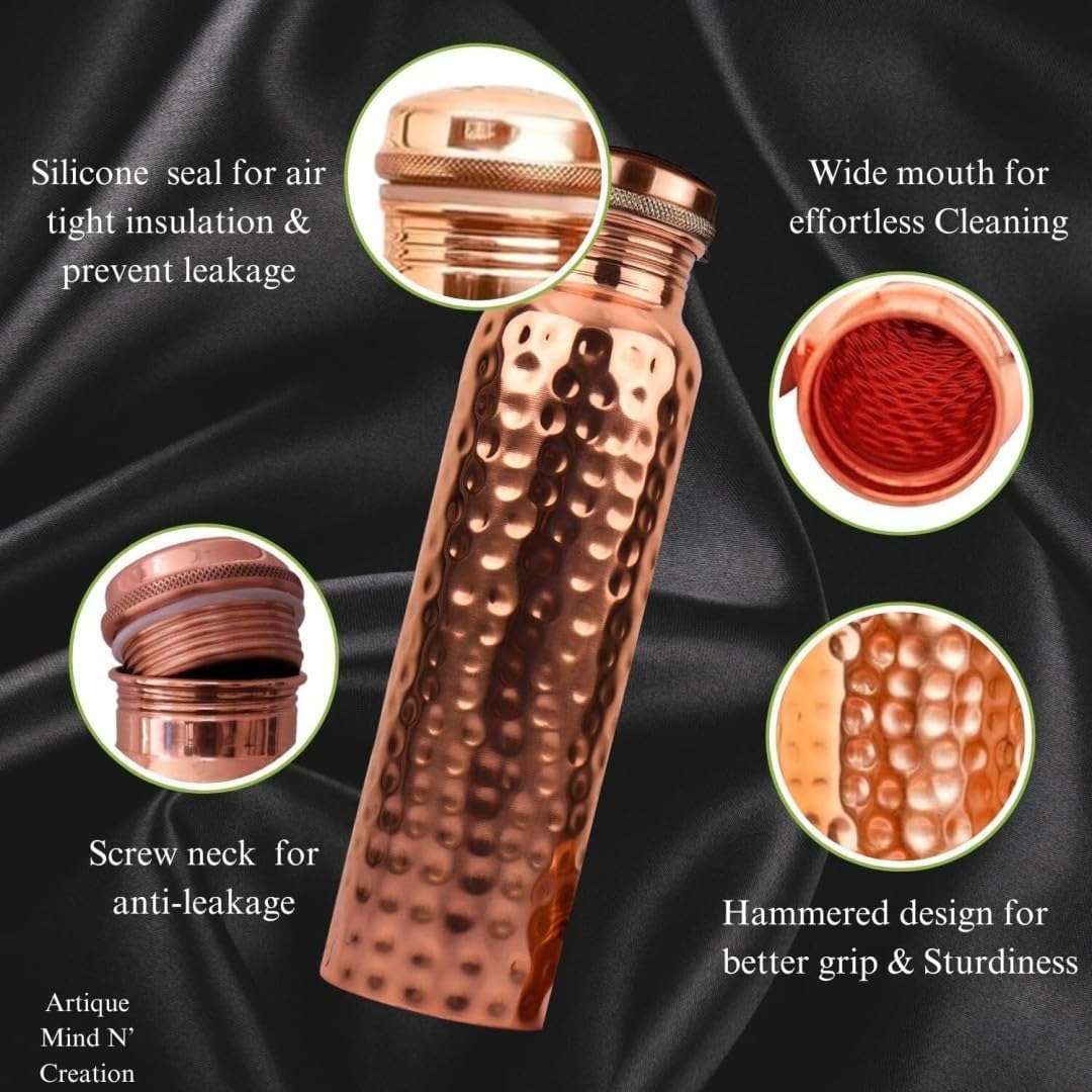 Bold & Divine Premium-Wasserflasche aus reinem Kupfer, gehämmert, Ayurvedische gesundheitliche Vorteile, handgefertigtes Kupfer-Wassergefäß, auslaufsicheres Design, rostfrei, inklusive Tragetasche aus